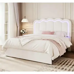 Velvet Upholstered Bed Frame with Smart LED Lights Large Storage Drawer Adjustable Wavy Headboard No Box Spring Needed Twin Full Queen Sizes White Black Cream Pink#SummerVibes