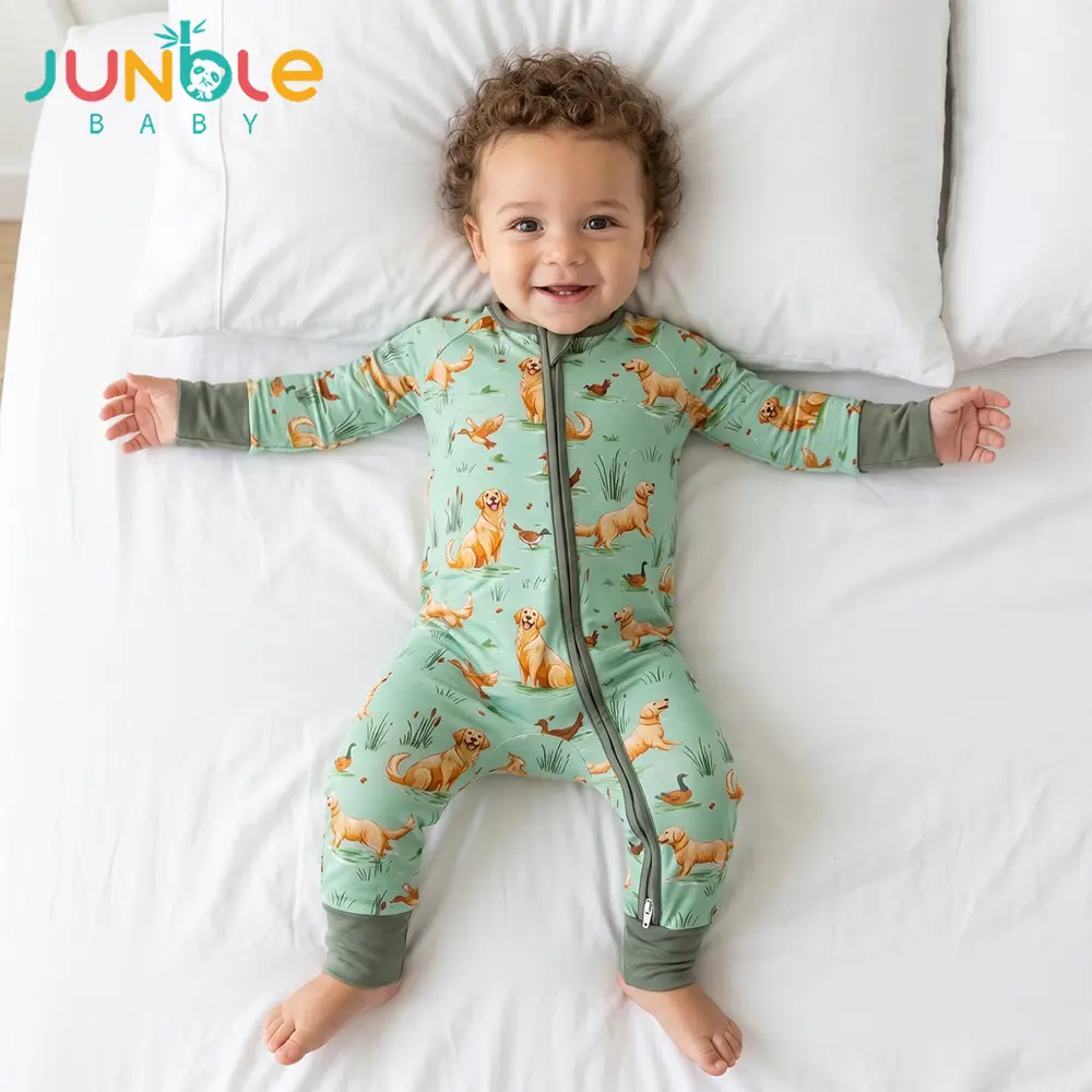Junblebaby Bamboo Bodysuit, Long Sleeve 2-Way Zipper Baby Sleeper for Newborn Boys (0-9 Months), Two Way Zipper Onesies