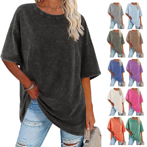 Wayii Women's 100% Soft Cotton Acid Washed Vintage Oversized Crew Neck Short Sleeve T-Shirt - Beach-to-Workout Everyday Wear, Casual Chic Loose Breathable Streetwear Basic Multi-Season Top