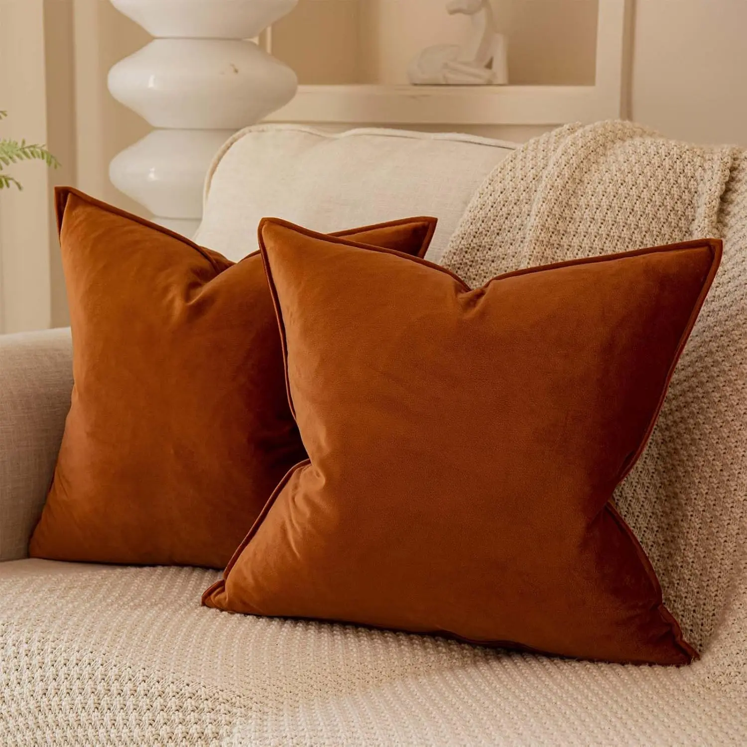Burnt Orange Velvet Throw Pillow Covers 20x20, Set of 2, Soft Cushion Covers with Hidden Zipper for Couch, Sofa, or Bed, Warm Fall Home Decor Update