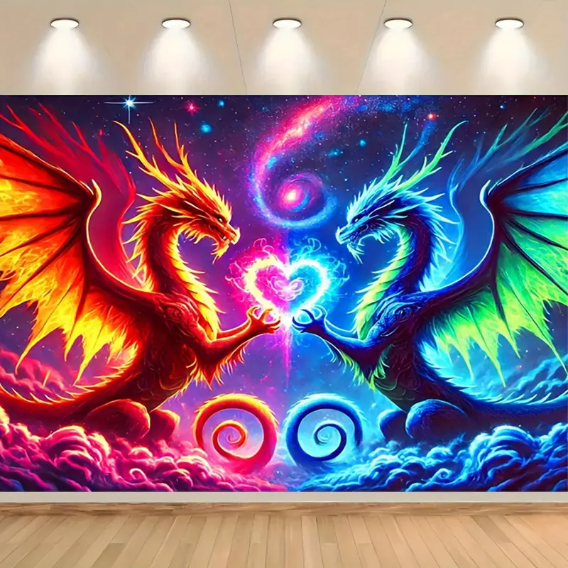 HEGO Fluorescent Glow Dragon Tapestry - 1-Piece Extra Large UV Reactive Polyester Wall Art with Cosmic Stars Nebula & Custom Print Cotton Spooky Theme Decor, Room Decor for Home Aesthetic Photo Room, One-Piece