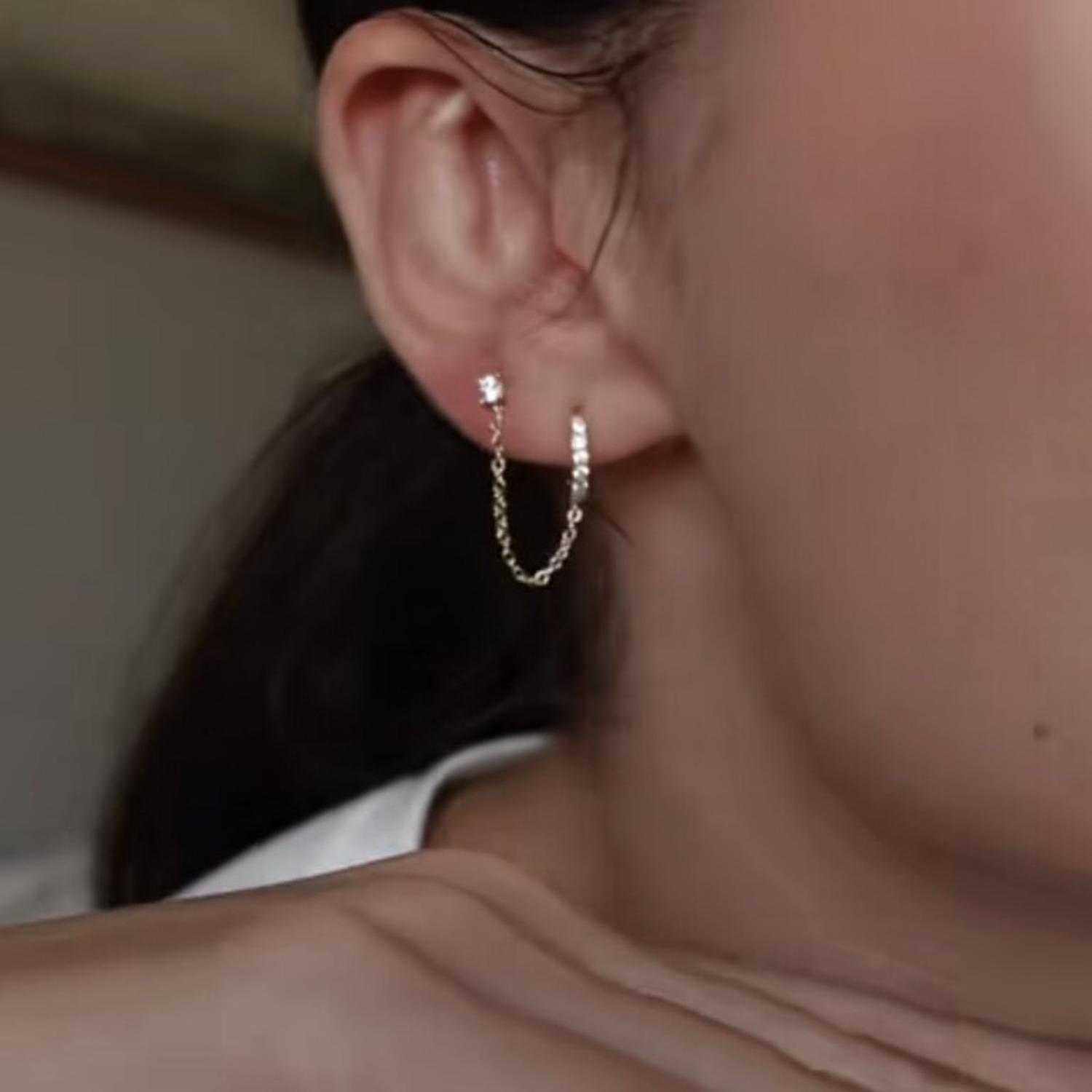 Jstyle 14K Gold Plated Chain Earrings for Women Hypoallergenic Double Piercing Dangle Chain Huggie Hoop Earrings