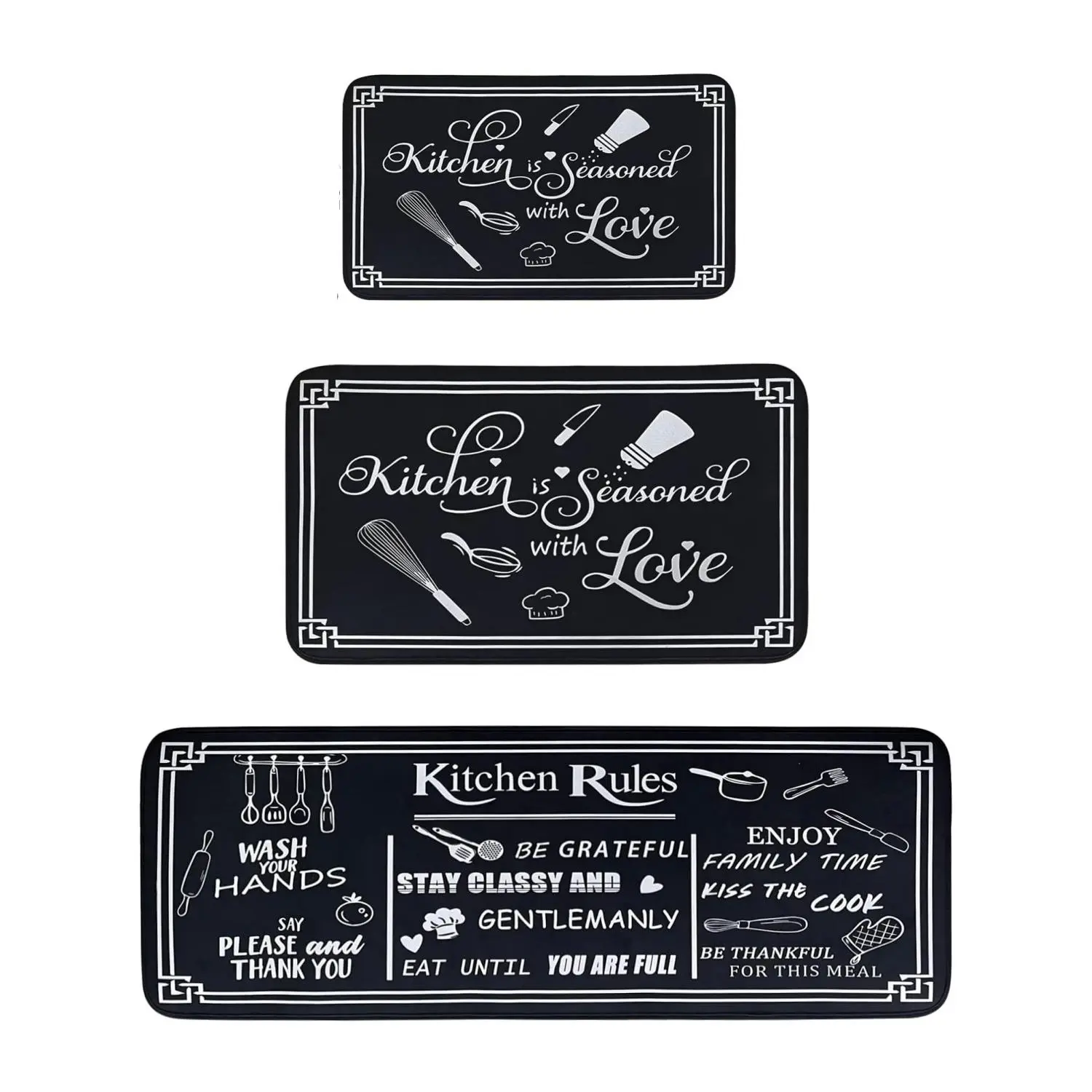 Black and White Kitchen Rugs,Non Skid Washable Microfiber mats for Kitchen Floor,Kitchen Rules Theme Cushioned Runner Rug Decor Sets of 3,Size 16"x 24"+20"x 31"+17"x 47"