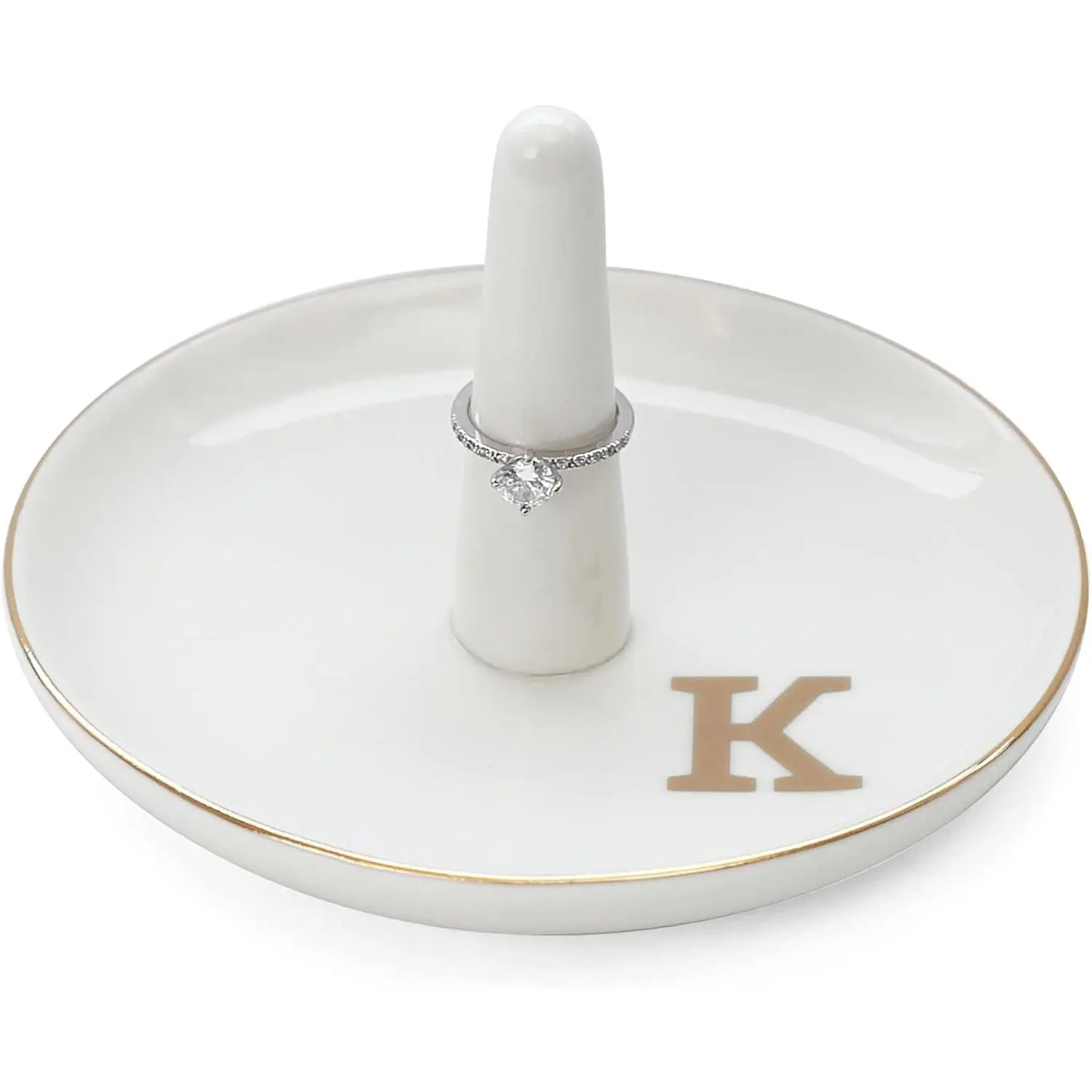Initials Ring Holder Jewery Tray with personalized K-Monogrammed Engagement Gifts for Friends,Birthday Mother's Day Christmas Gifts for Women,Ceramic White