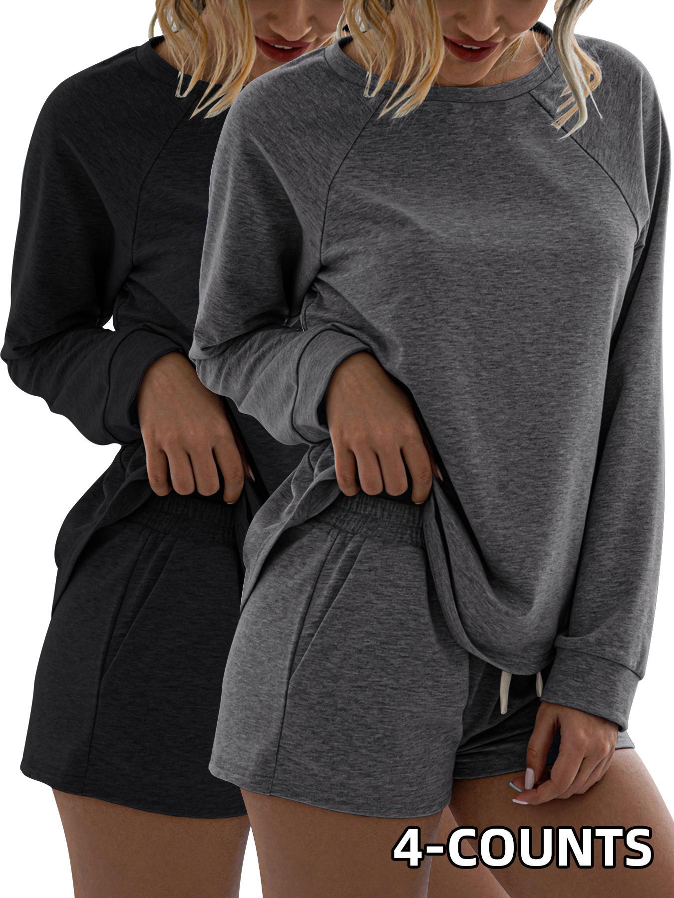 Women's Solid Tee & Drawstring Waist Shorts Set, Casual Sporty Round Neck Long Sleeve Top & Pocket Design Shorts, Ladies Sportswear for Indoor Outdoor Wear