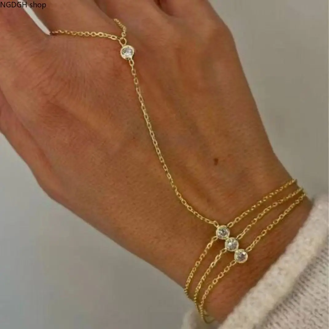 Dainty Gold Layered Hand Chain Bracelet with CZ Crystal, Adjustable Finger-to-Wrist Slave Ring, Sparkly Multi-Strand Draped Jewelry, Elegant Y2K Aesthetic Accessory, Perfect for Summer Beach, Party & Glam Outfits.