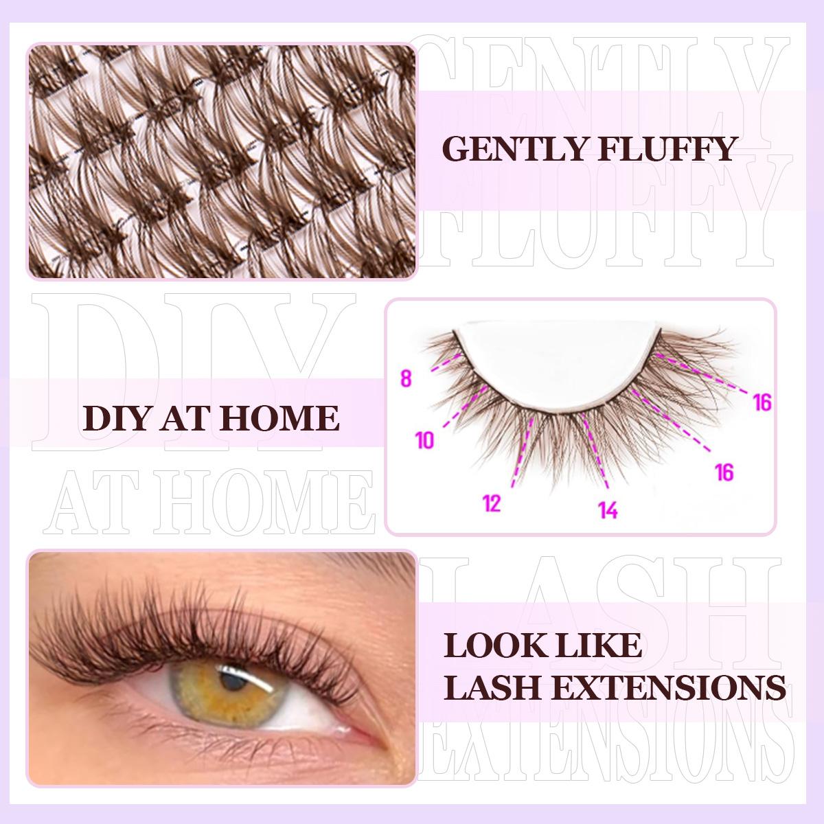 Brown Lash Clusters Natural Dark Brown Eyelash Extensions Kit for DIY, Deep Eyelashes in D Curl, Suitable for Beginners with Mixed Lengths, Bond&Seal&Remove&Tweezers, Cosmetics Makeup Tool