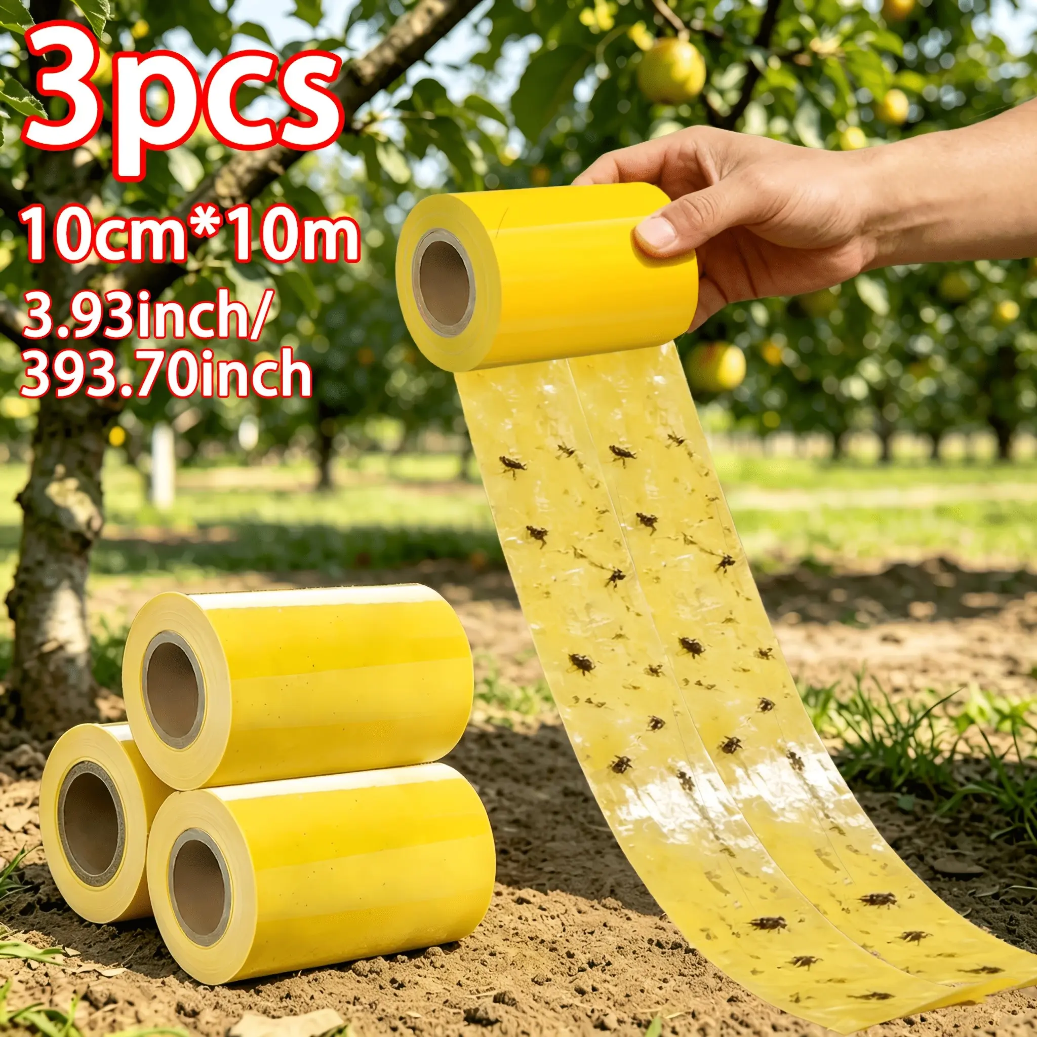 3 Rolls, 10m Double-Sided Self-Stick Pest Control Tape, Fruit Tree Sticky Ring, Fly & Caterpillar Trap, Apple & Cherry Tree Pest Prevention