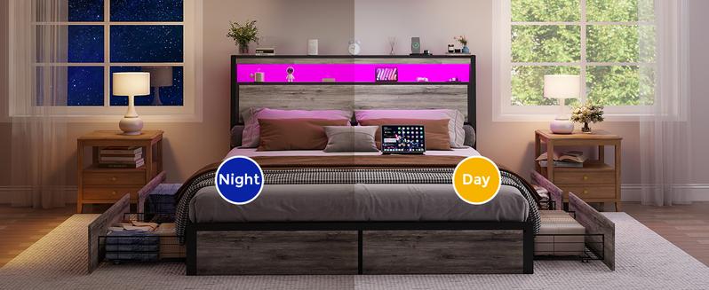 Queen Size Bed Frame with 4 Storage Drawers and Headboard with Charging Station and LED Lights,2 Tier Solid Wood Headboard Storage/Noise Free/No Box Spring Needed/Remote Control/Rustic Grey Queen Size Bed Frame with 4 Storage Drawers and Headboard with Charging Station and LED Lights,2 Tier Solid Wood Headboard Storage/Noise Free/No Box Spring Needed/Remote Control/Rustic Grey