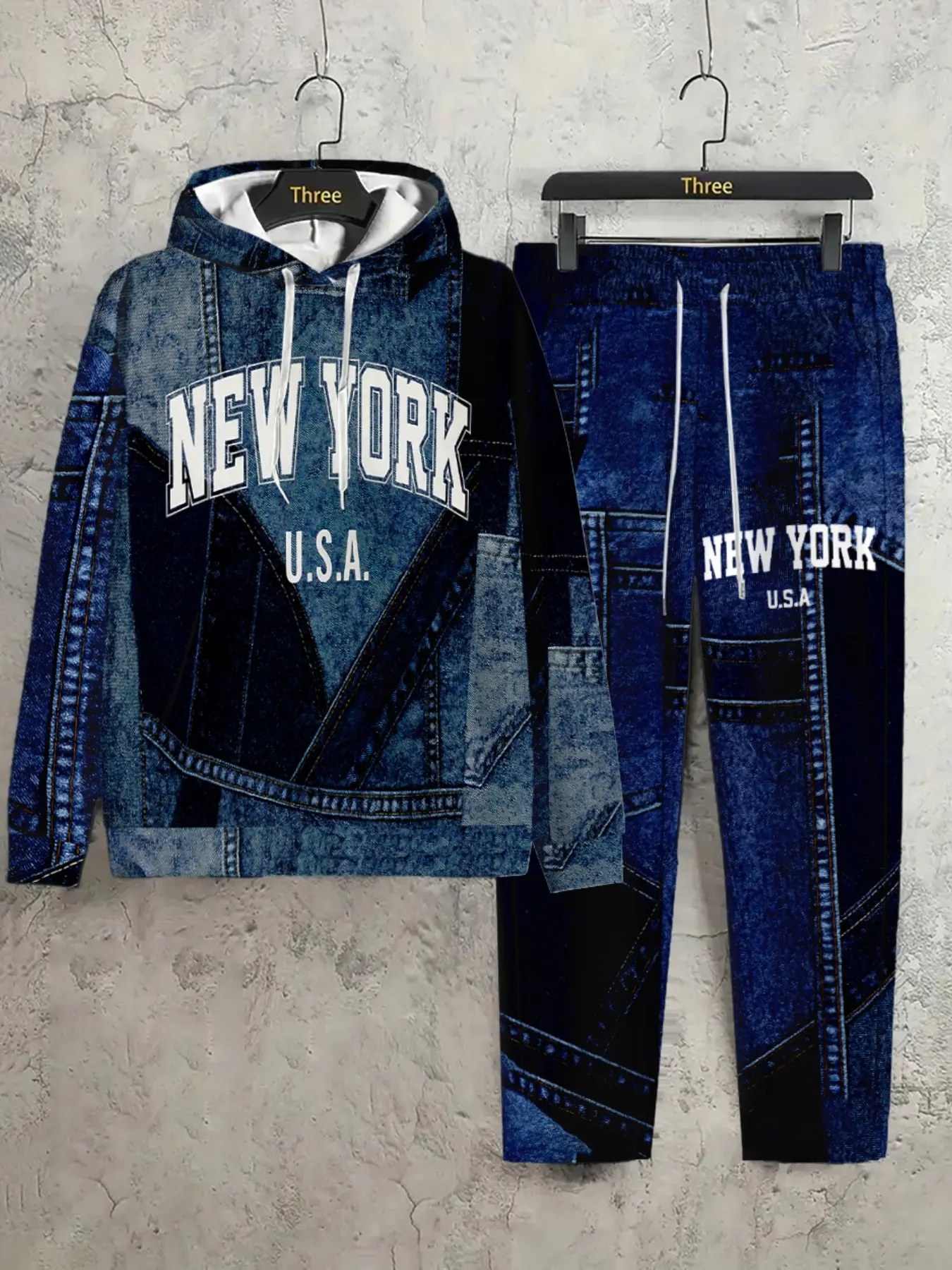 2 Piece Set American New York Letter Denim Hoodie Pants, Drawstring Cap Sporty Casual, Unisex Spring Fall Daily Wear