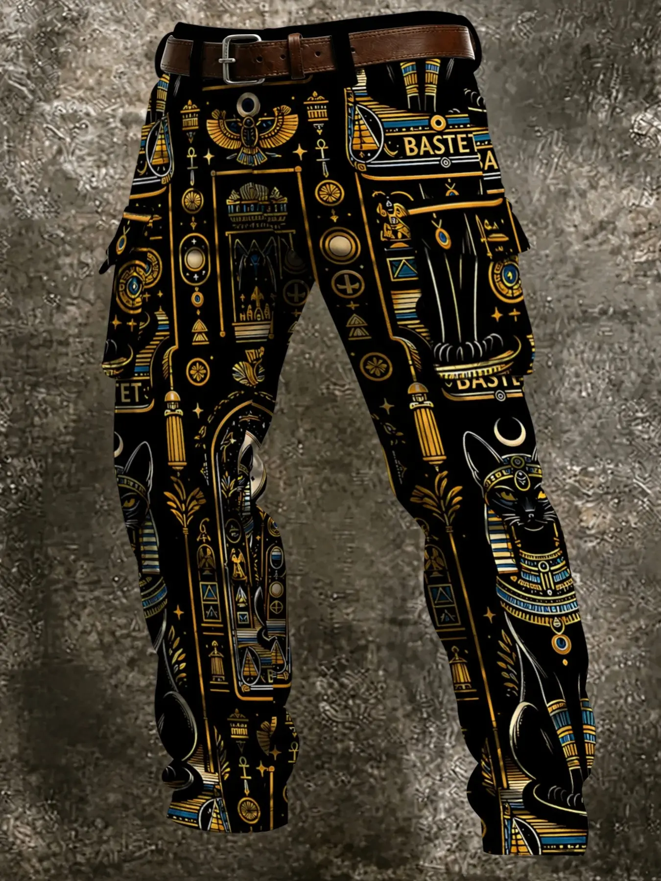 Men's Vintage Egyptian Myth Work Pants, Bastet Cat Falcon Pyramid Print, Large Pockets, Slim Fit, Fall & Winter Casual