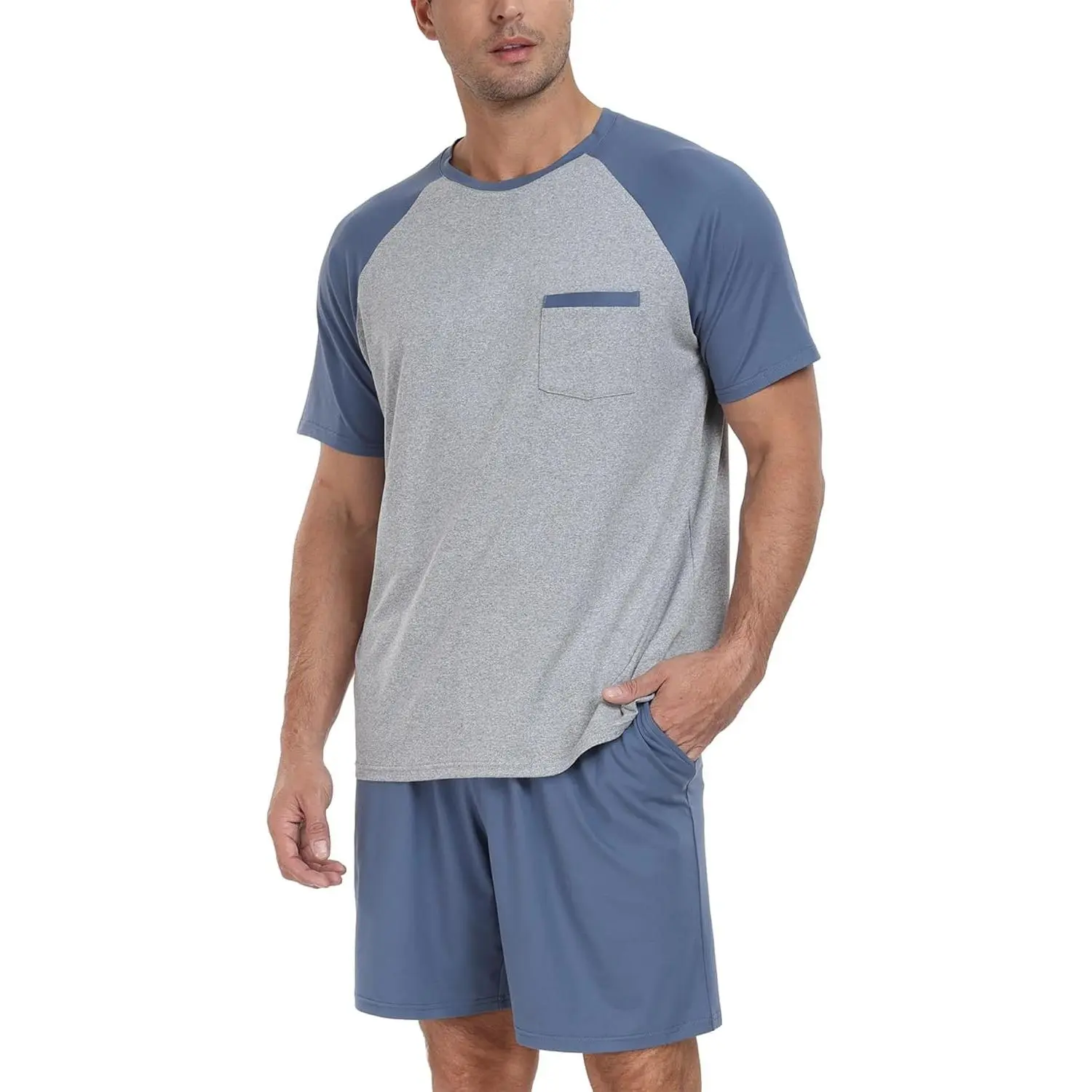 Men's 2-Piece Polyester Pajama Set, Casual Menswear Loungewear Workout Sleepwear, Summer Lightweight Quick-Dry Soft Short-Sleeve Design with Pocket, S-4XL, Classic