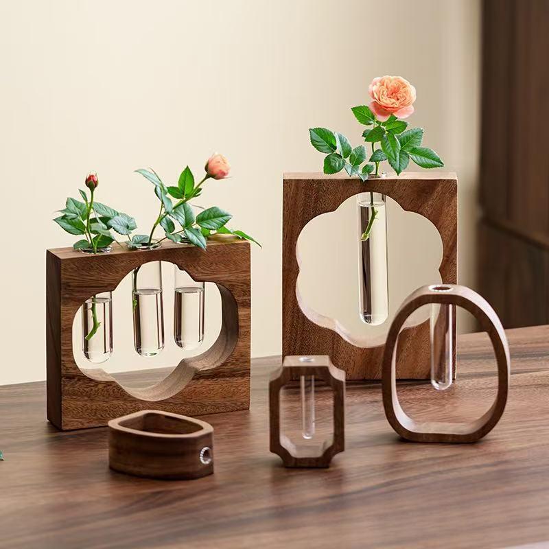 Natural Solid Walnut Wood Hydroponic Plant Stand, Mini Glass Tube Tabletop Planter, Modern Minimalist Home Office Decor