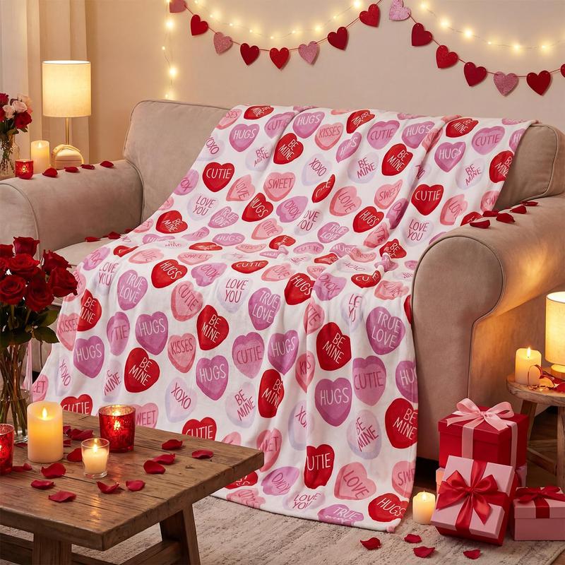 Valentine Flannel Blanket Throw, Pink Hearts with Words Soft Fuzzy Plush Cozy Fleece Blankets for Couch Sofa Bed Lounging, Ideal Gifts for Kids Adults Wife Self, 50x60