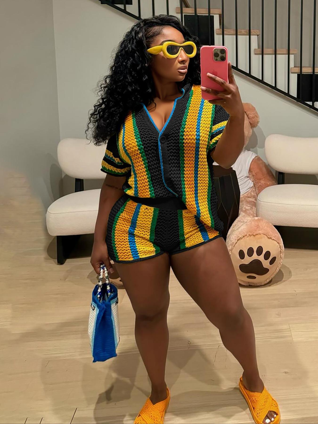 Women's Colorblock Button Front Top & Shorts Sweater Set, Casual Short Sleeve Top & Shorts, Summer Clothes Set for Beach Vacation, Womenswear