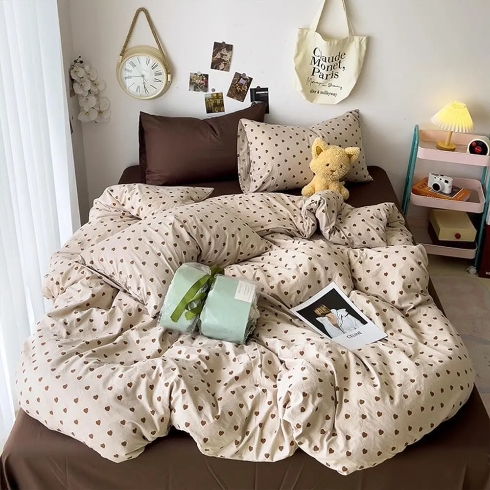 Light Khaki Duvet Cover Full Chocolate Brown Love Heart Bedding Set for Girls Boys Simple Fashion Love Heart Shaped Pattern Comforter Cover Reversible Soft Microfiber 3Pcs Zipper Closure