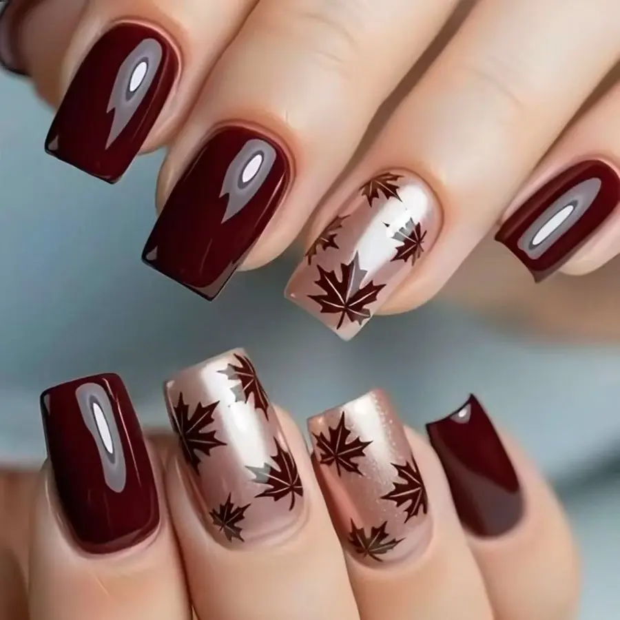 24pcs Short Press-On Nails, Wine Maple Leaf Glitter, Reusable Thanksgiving Nail Art, Floral Design, for Women and Girls, False Nail Set