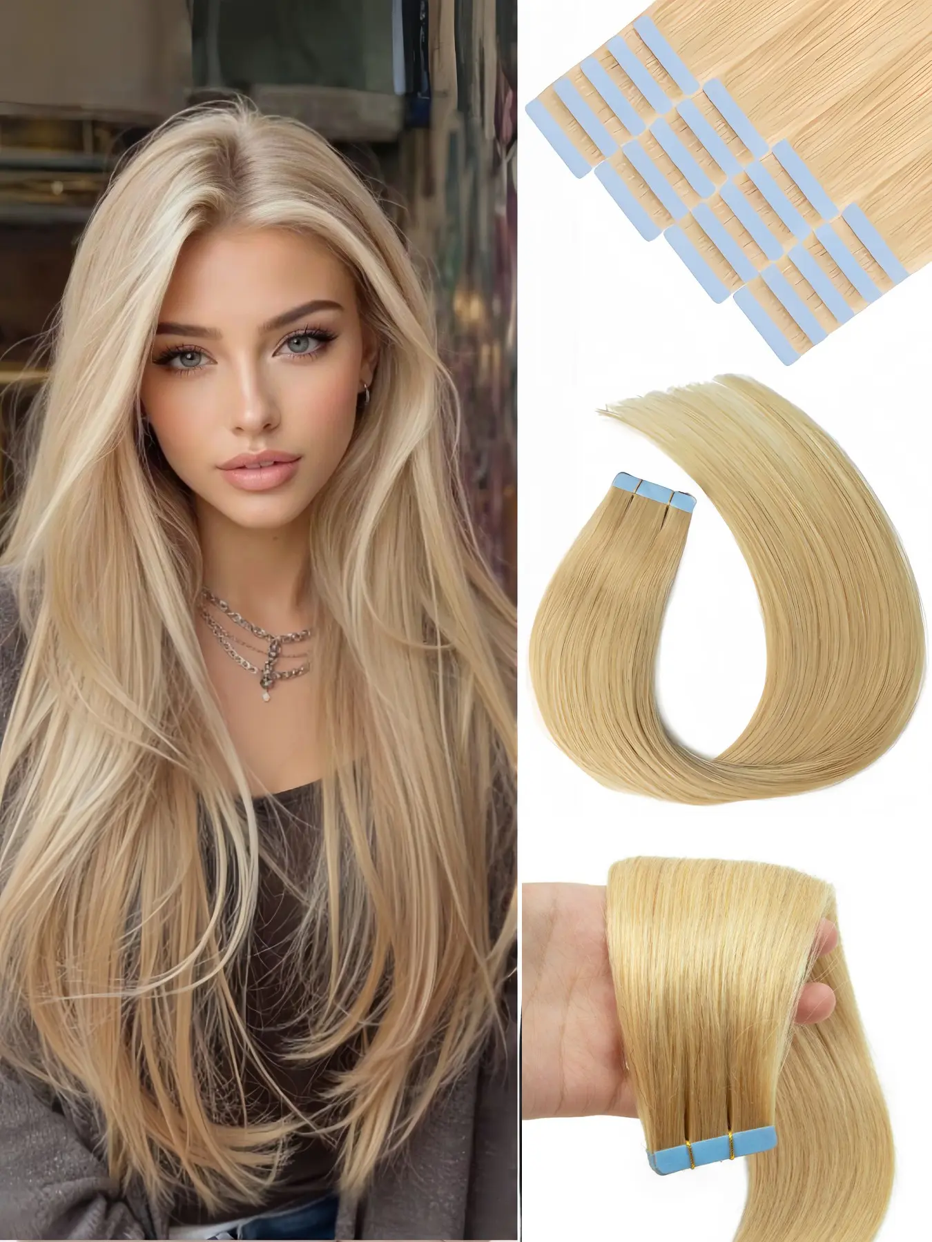 20pcs Tape in Human Hair Extensions, Invisible Double Tape, Soft Smooth, Reusable, Easy Application, Minimal Shedding, Diverse Natural Shades, Invisible Natural Straight