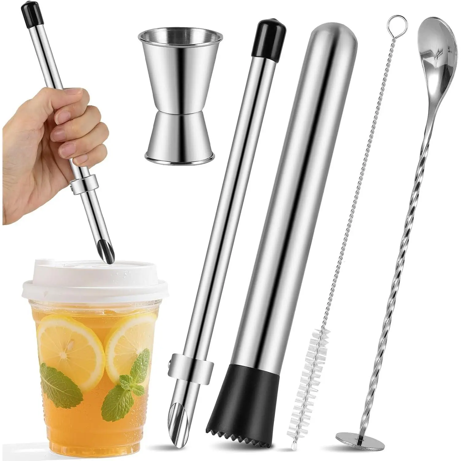 5Pcs Straw Puncher Set for Lemonade Plastic Lids Cups with Muddler Bar Spoon Jigger 304 Stainless Steel Straw Hole Puncher