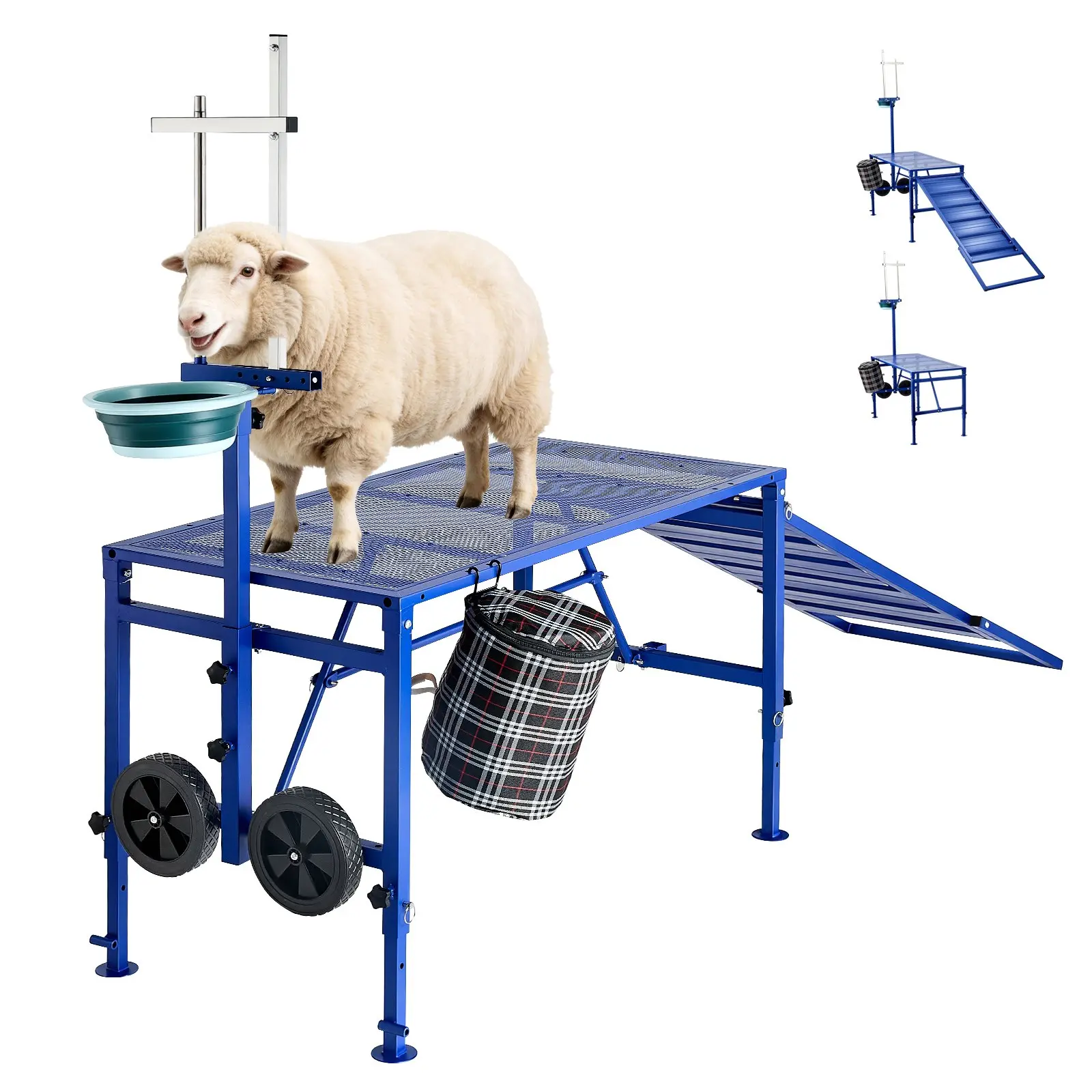 VEVOR Goat Milking Stand, 600 lbs Heavy Duty Foldable Goat Stand with Ramp, Feed Bin & Wheels, Adjustable Headpiece & Basket, Stanchion for Grooming & Hoof Trimming, Metal Livestock Platform for Shee