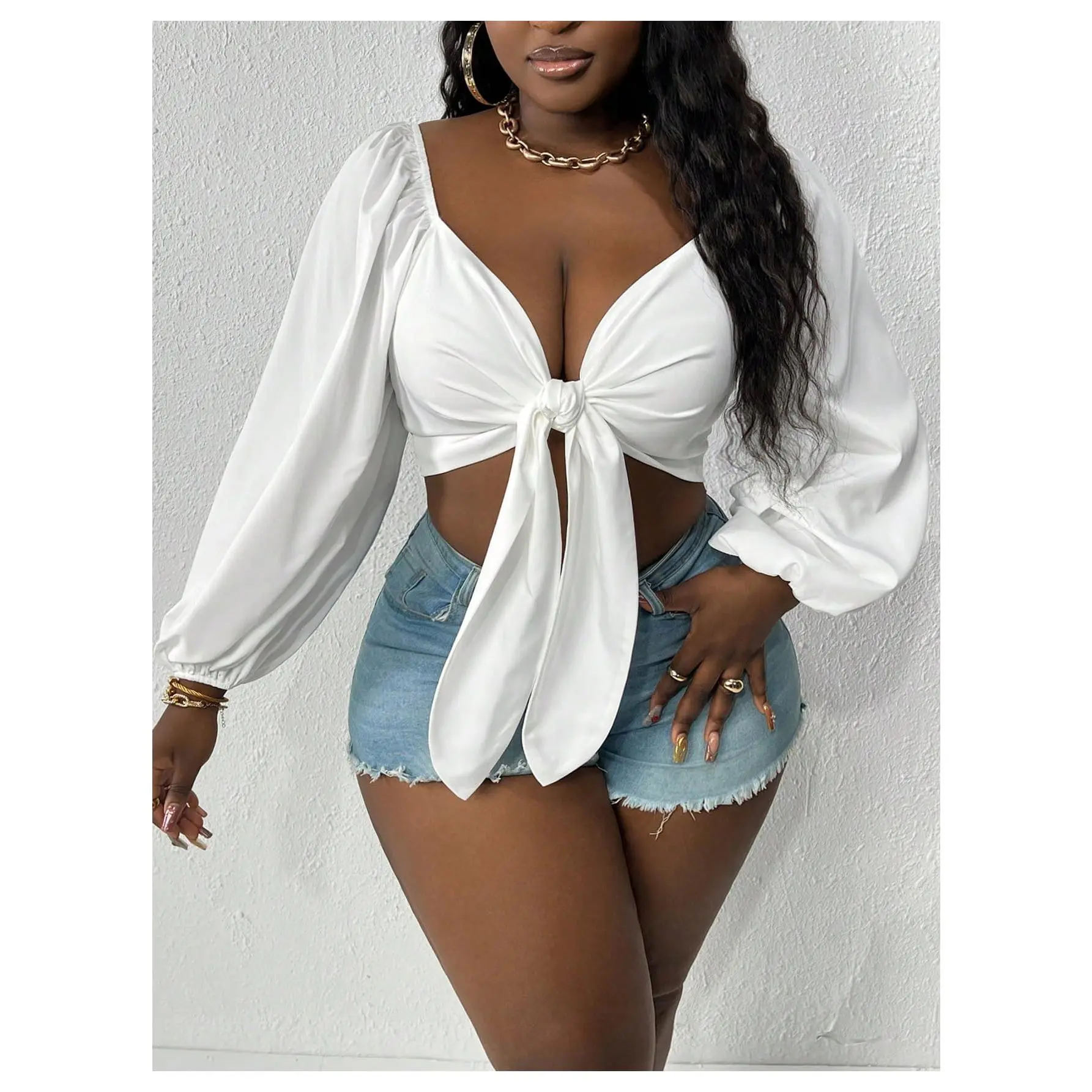 Plus Size Deep V Neck Tie Front Long Sleeve Crop Tops, Club Outfits