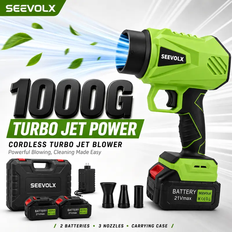 SEEVOLX Turbo Jet Blower with 2 Free Batteries, Cordless Leaf Blower, Violent Turbo Fan, Pure Copper Motor, Car Drying, Handheld Snow Blower, Air Duster, Home & Garden Holiday Gifts