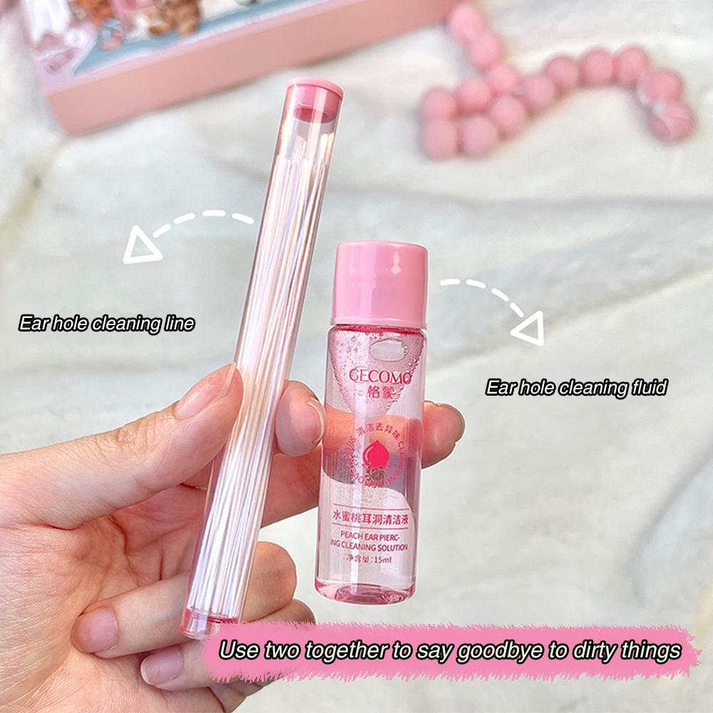 Pierced Ear Cleaning Set Solution Peach Flavor Floss Cotton Thread Ear Hole Aftercare Tool Kit Disposable Earrings Hole Cleaner