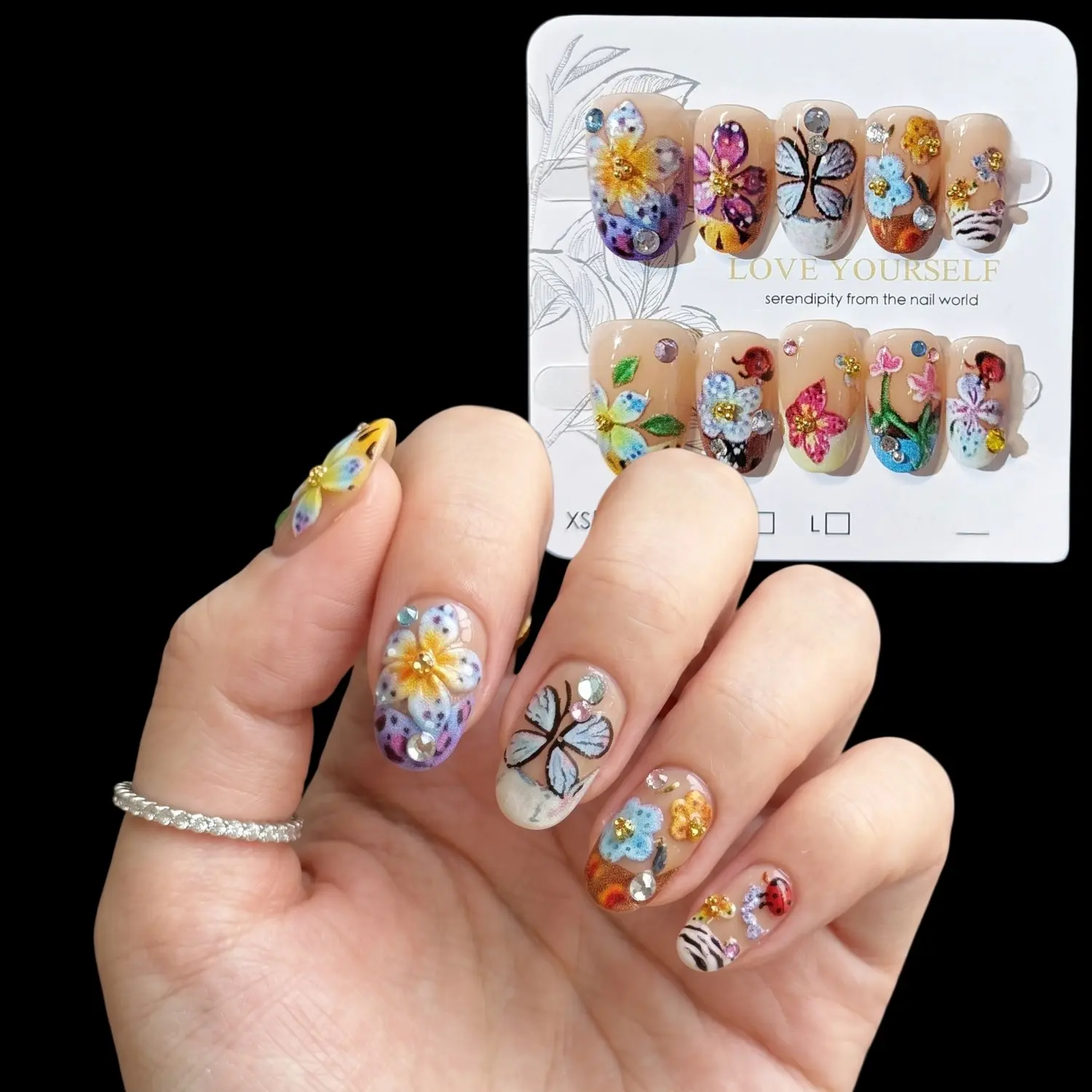 10pcs Handmade Short Oval Press on Nails, 3D Flower Butterfly Ladybug Hand-Painted Gel Polish Reusable False Nails, Cute Spring Garden Nail Set with Tools