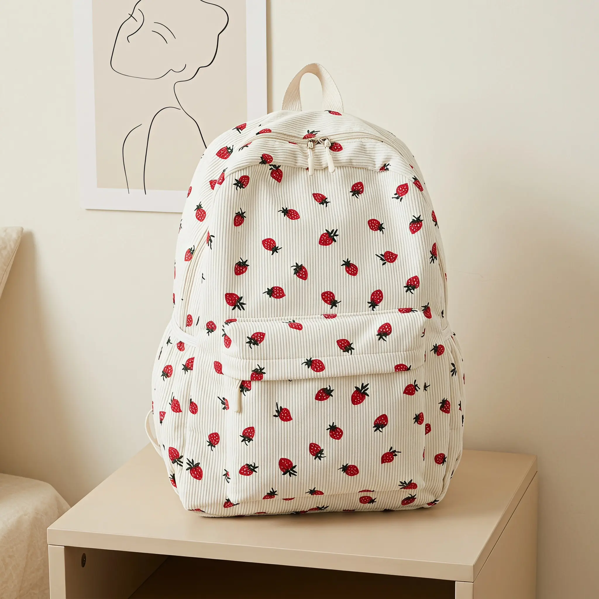 Strawberry Corduroy Backpack For College Girls Fresh Sweet Casual Style Wear Resistant Lightweight Zipper Closure Off White Pink Black Daily Essential