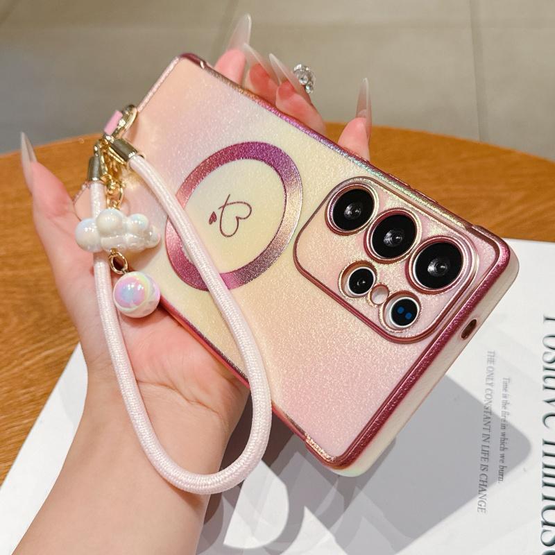 Stylish Electroplated Heart Design Phone Case with Wrist Strap, Compatible with Samsung Galaxy S26/S25/S24/S23/S22/S21 Ultra & Plus, S26/S25 Edge, S24FE/S23FE, Supports Wireless Charging, Anti-Slip and Shockproof Protective Shell