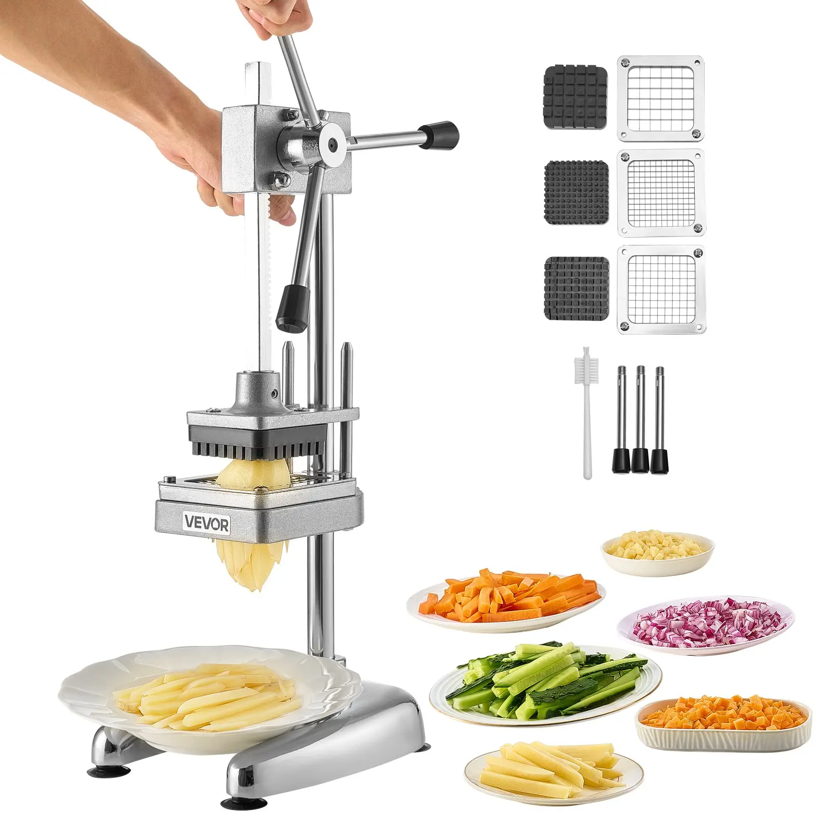 VEVOR Commercial French Fry Cutter, Stainless Steel Vegetable Fruit Chopper with 3 Replacement Blades 1/2-Inch 3/8-Inch 1/4-Inch, Manual Potato Slicer Dicer for Restaurants Home Kitchen