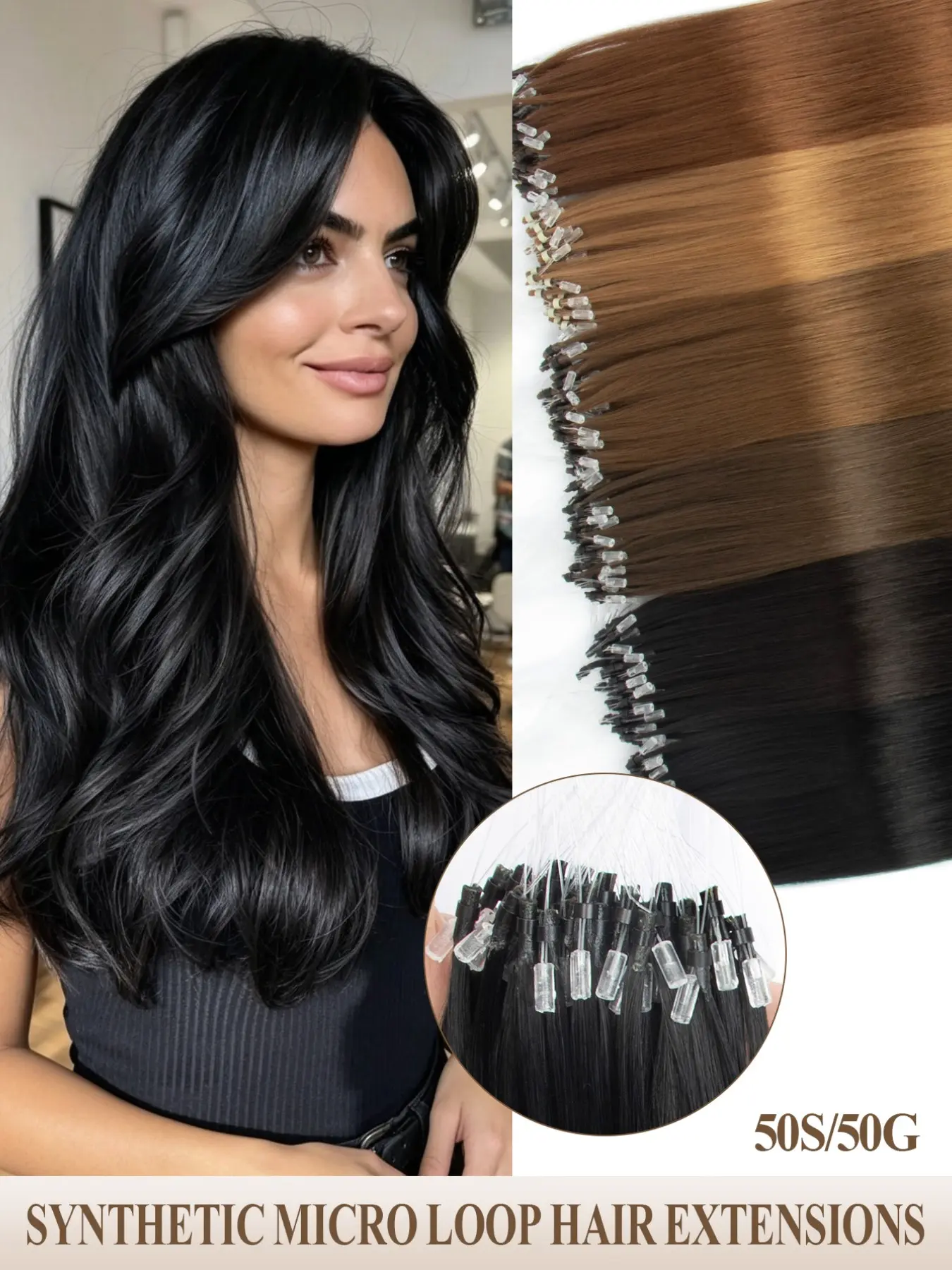 50strands Synthetic Micro Ring Hair Extensions, 19.69 Inches Invisible Clip-In, Heat-Resistant Fiber, Women's Hair Bundles, /gold/mixed Colors