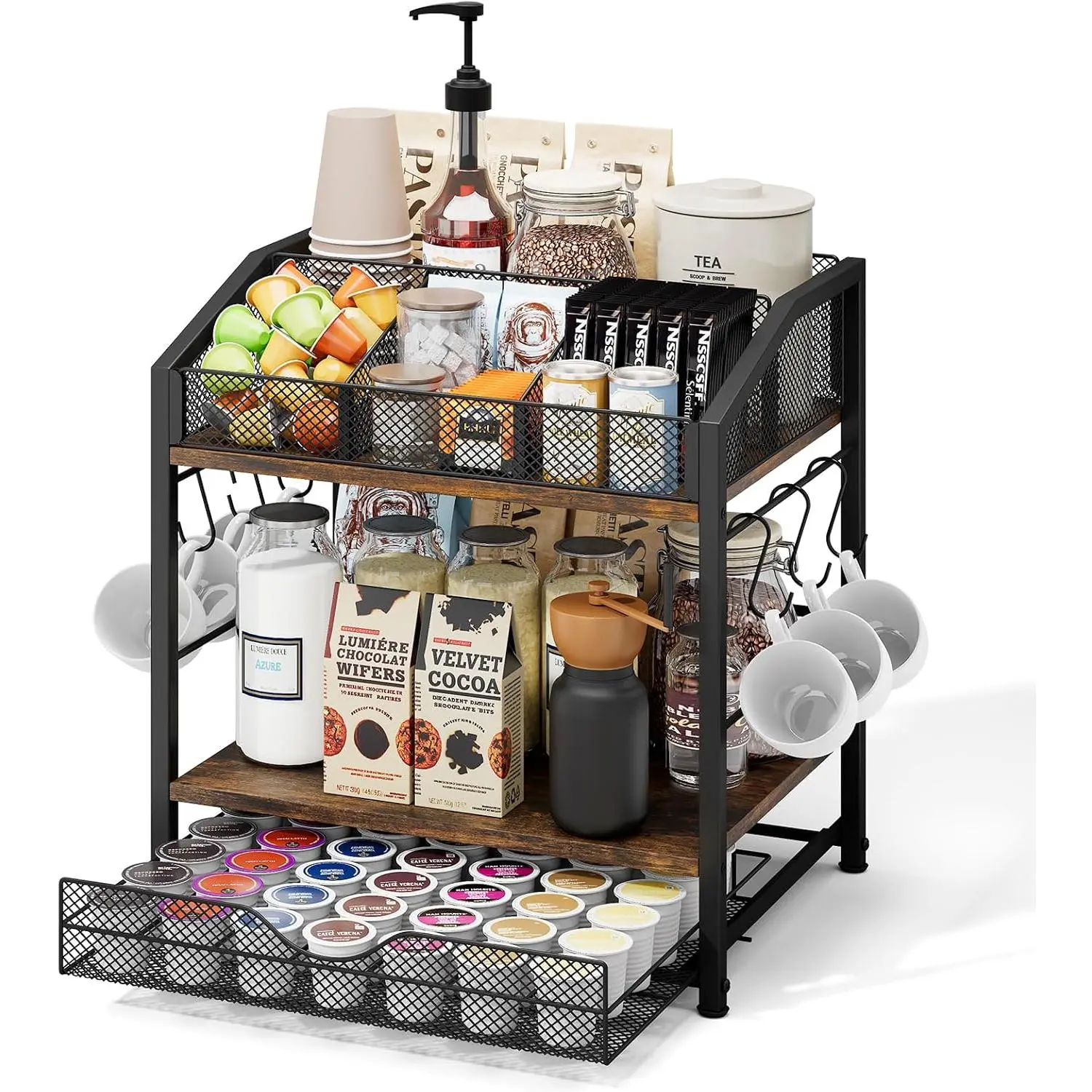 Coffee Bar Organizer - Countertop Coffee Station, 42 K Cup holder Storage Basket with Drawer and Hooks for Syrup, Cups, Stirrer, Condiment, Tea Organizer, Black and Brown