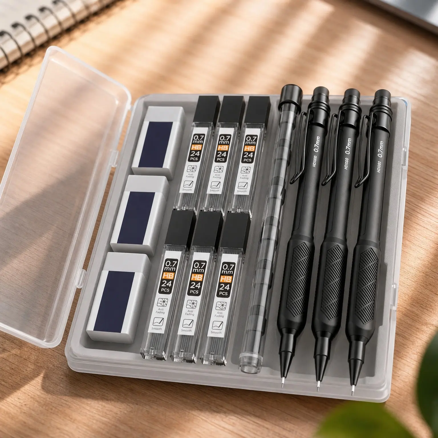 0.7mm Mechanical Pencil Set with Case - 3PCS 0.7mm Pencils + 6 Tubes HB Lead Refills & Eraser, Weatherproof Barrel for Outdoor Writing, Drafting, Drawing, SketchingGift