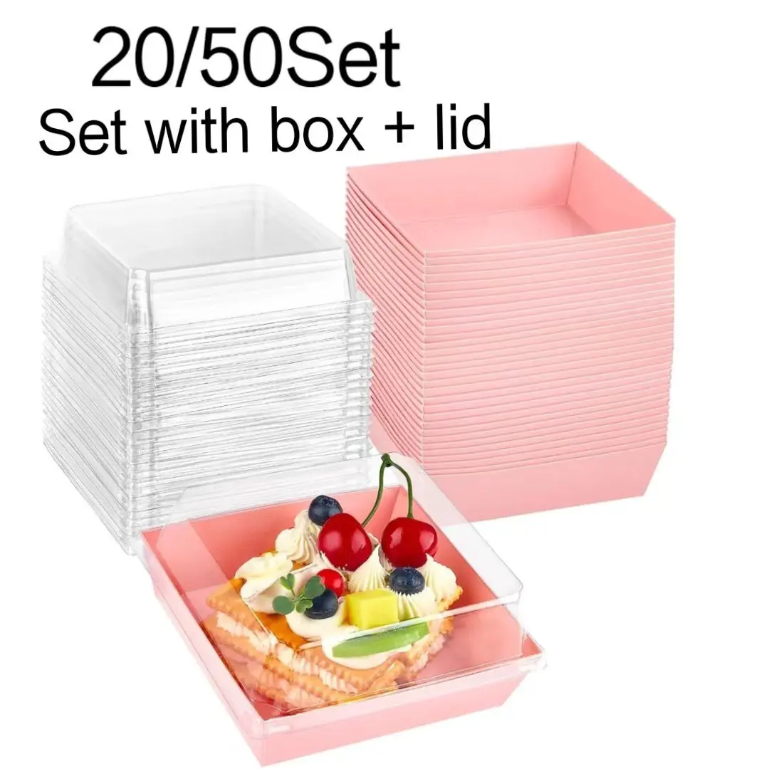 50 Pcs Small Food Boxes with Transparent Lid, Square Paper Baking Trays, Disposable Sweet Treat Containers for Cookies, Cakes, Chocolate Strawberries, Disposable Clear Plastic