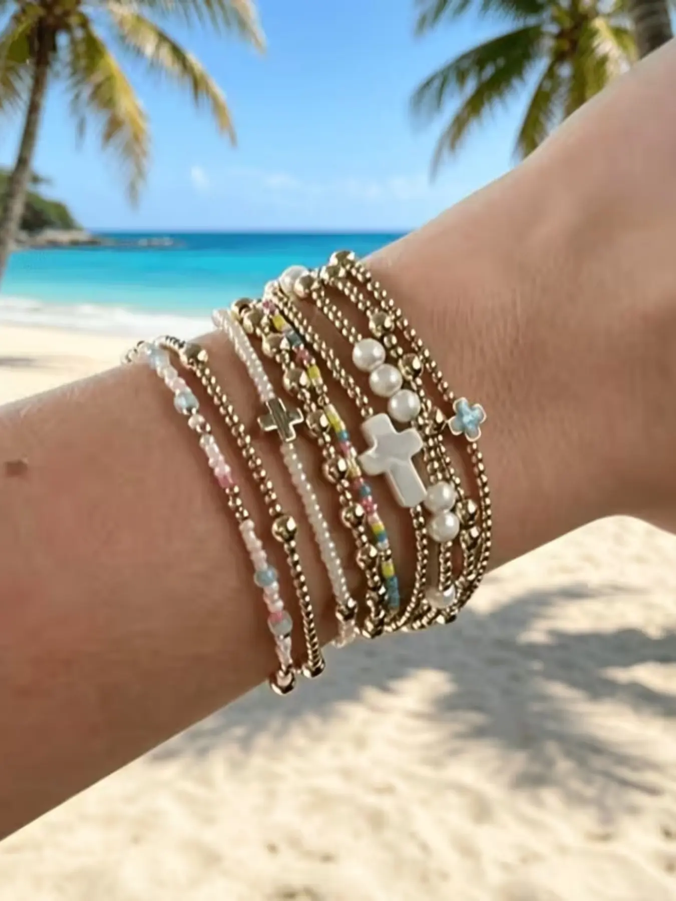 9pcs/set Retro Colorful Rice Bead Cross Bracelet, Multi-Layer Stackable Ccb Elastic String Bangle, Fashion Jewelry Set for Women