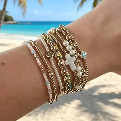 9pcs/set Retro Colorful Rice Bead Cross Bracelet, Multi-Layer Stackable Ccb Elastic String Bangle, Fashion Jewelry Set for Women, Stackable Bracelets