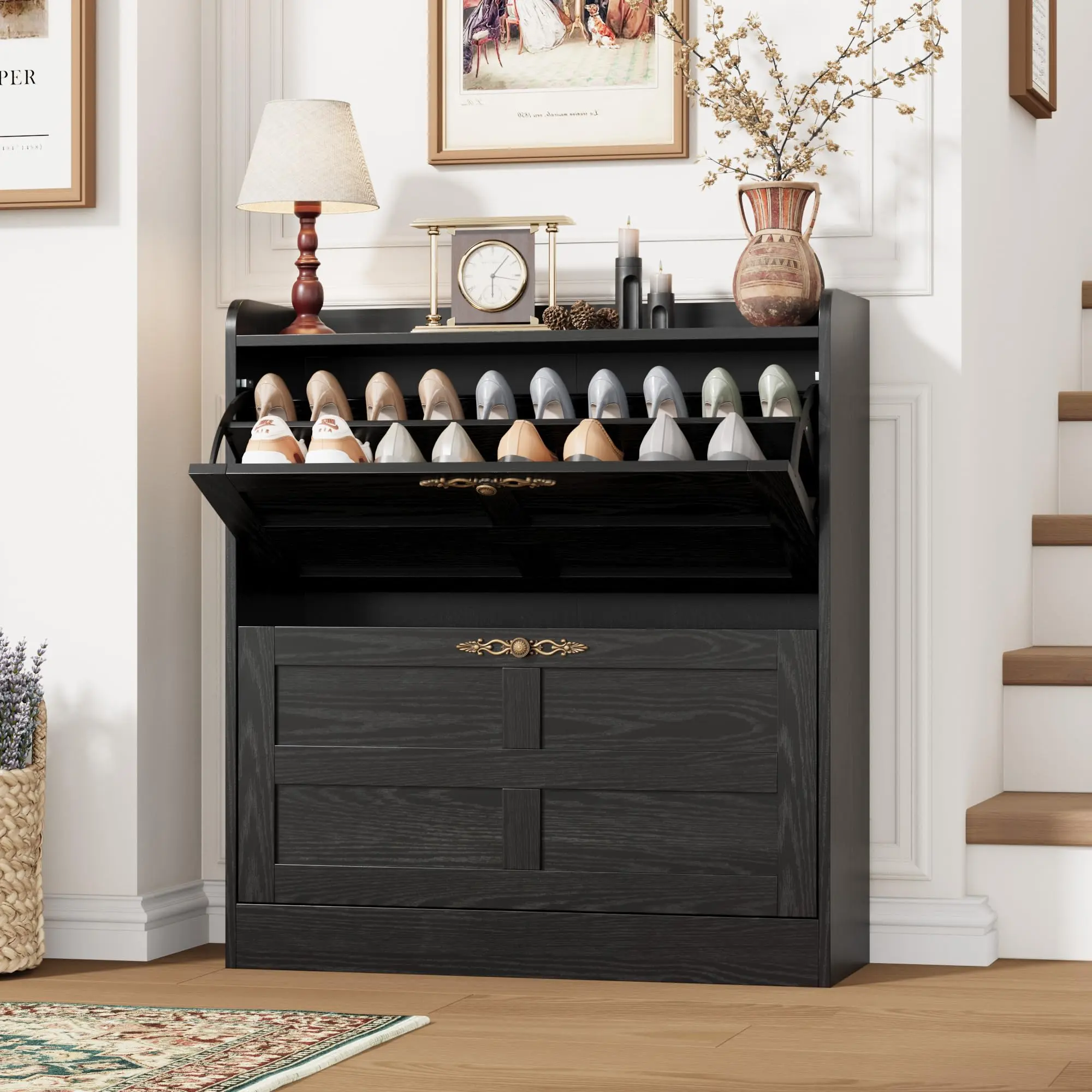 Farmhouse Shoe Cabinet with 2 Flip Drawers & Adjustable Shelves  Holds 12-20 Pairs, Cross Molding Door, Hidden Shoe Cabinet, Narrow Shoe Cabinet Storage for Entryway, Wood Grain