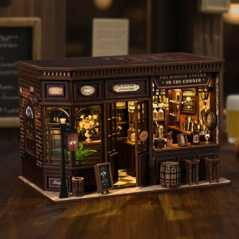 DIY Corner Bar Vintage European Architecture Model House, Handmade Assembly Miniature Toy, Creative Gift for Boys