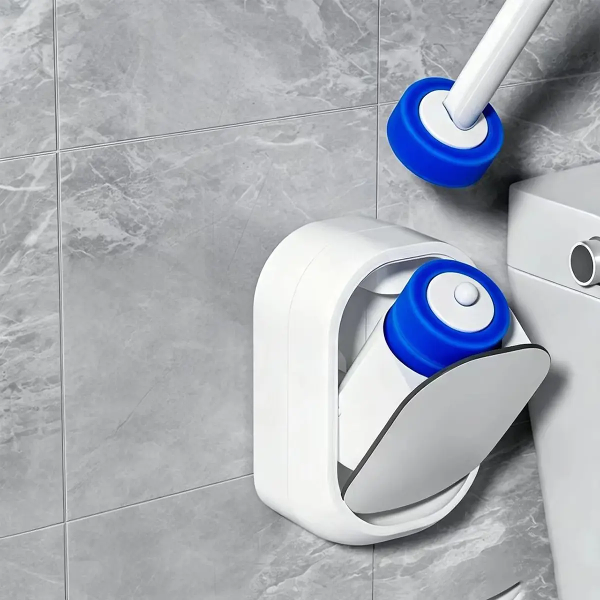 Automatic Toilet Brush Set with Replaceable Heads (6 Heads), Wall-Mounted Long Handle, Touch-Free Design, Modern Bathroom Cleaning Kit