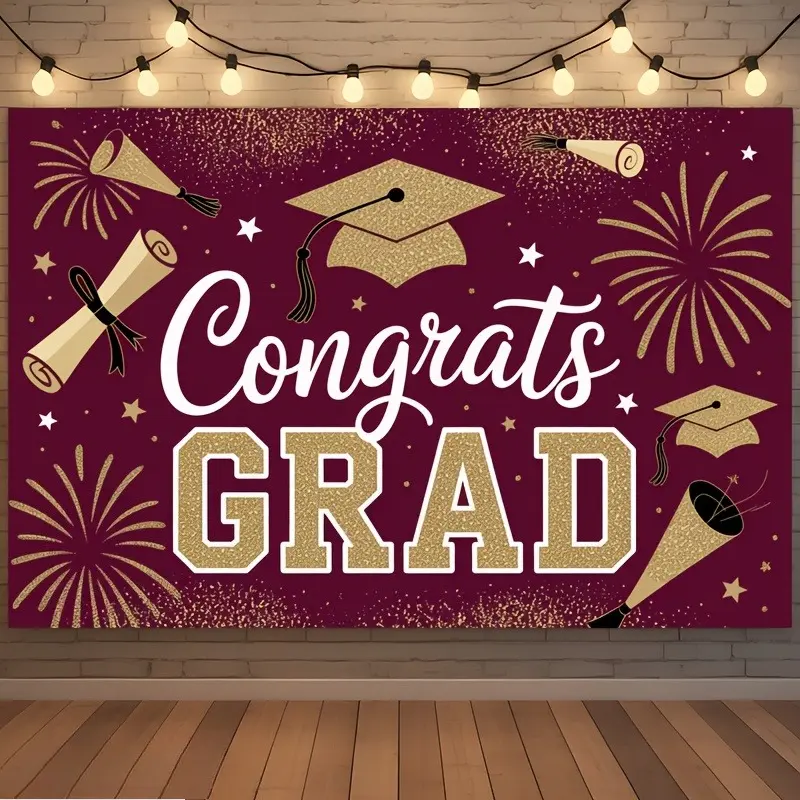 Graduation Backdrop Maroon Gold Tapestry Wall Hanging, Graduation Photography Background, Premium Polyester Celebration Decor for Ceremony Event, Family Party, Reception Area, Stage Setup, Photo Booth Display