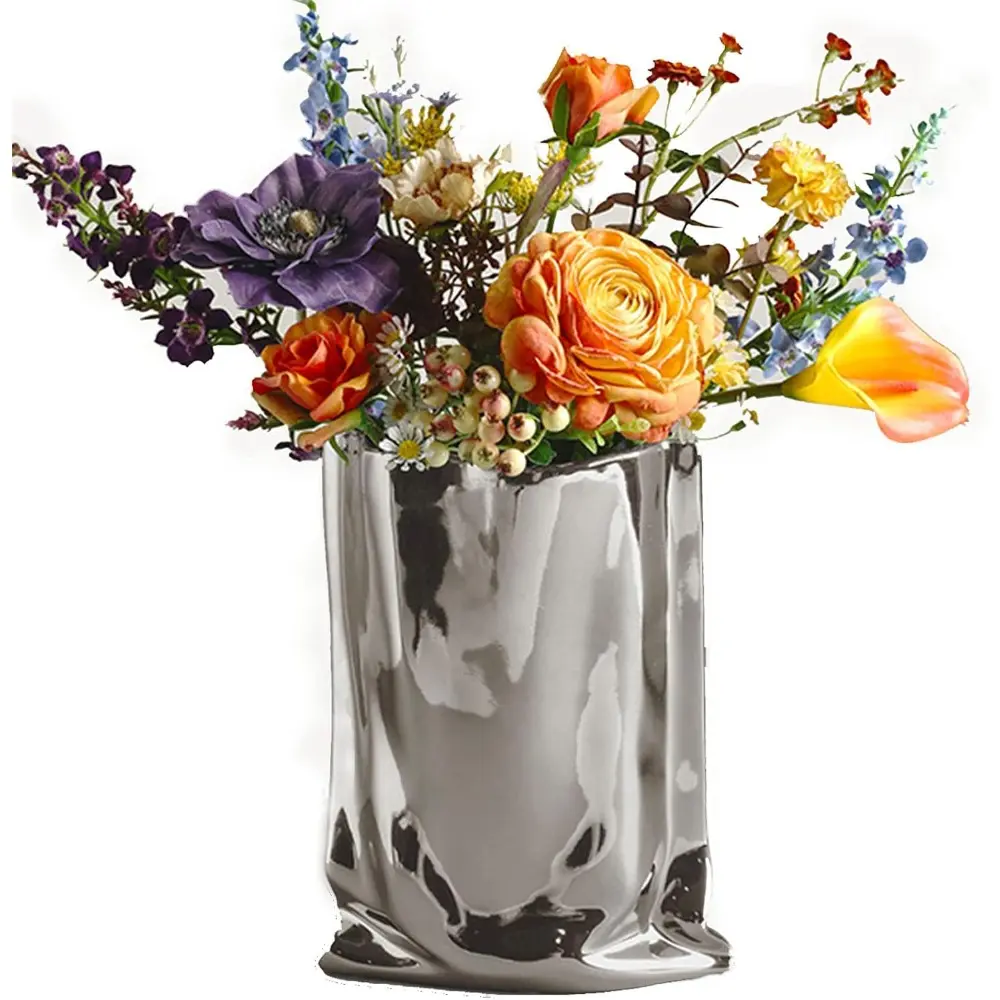 Silver Ceramic Modern Vase Crinkle Fold Paper Bag Handmade Ceramic Vase, Creative Flower Arrangement Ornaments, Decorative Vases for Home Decor, Mantel, Living Room Decoration (Silver)