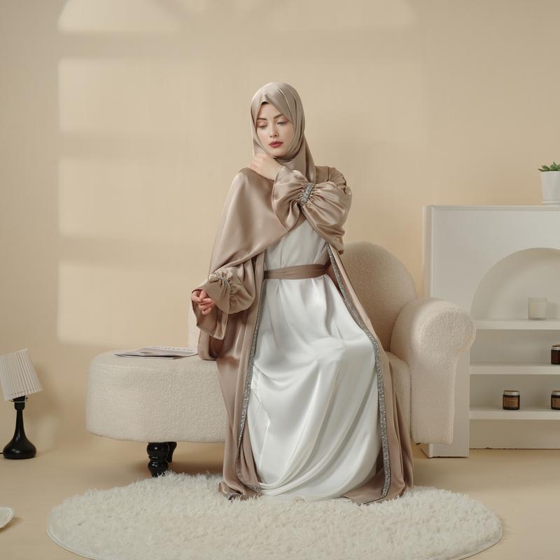 Modesty Muslim Chic Fit Maxi 4-Piece Set: Poet Sleeve Satin Abaya & hijab (MOA009) Formal Modesty Muslim Chic Fit Maxi 4-Piece Set: Poet Sleeve Satin Abaya & hijab (MOA009) Formal