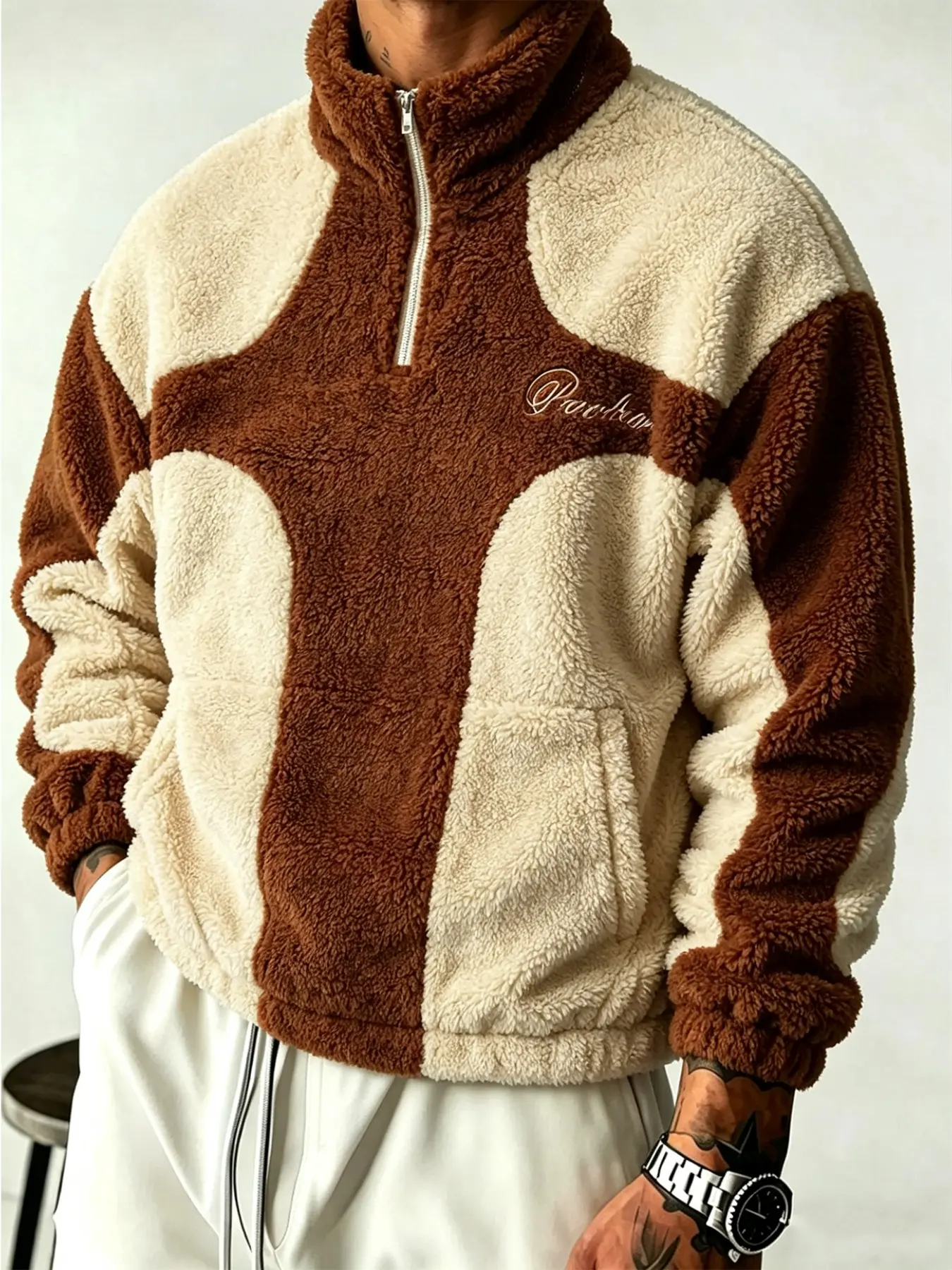 1 Piece Men Brown Beige Patchwork Teddy Fleece Quarter Zip Jacket Soft Thick Warm Coat For Outdoor Casual Hip Hop Daily Outfit