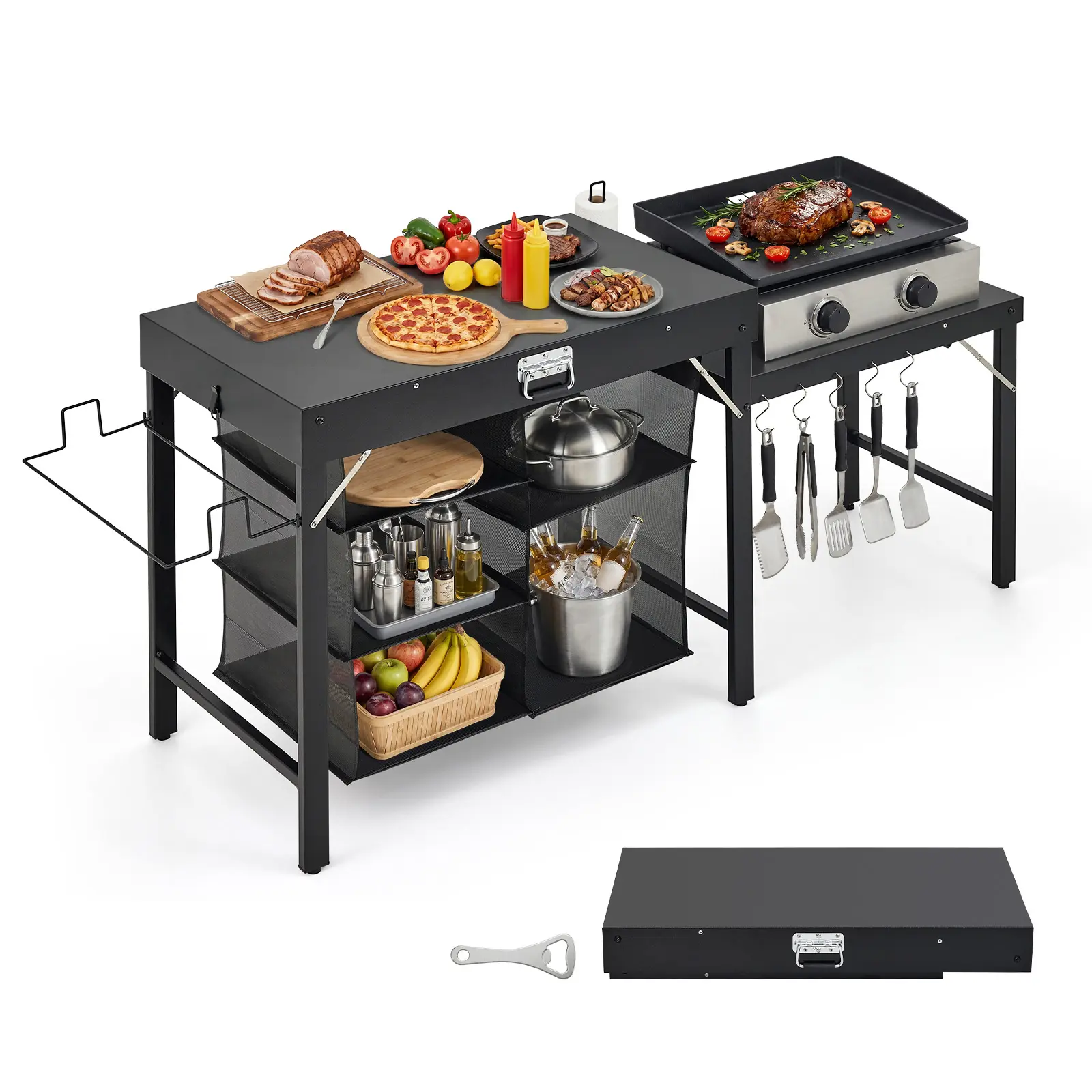 Portable Outdoor Grill Table Cart, Folding BBQ Prep Station with Side Extension & Storage, Heavy Duty Steel Camping Kitchen Table for Backyard Patio Picnic