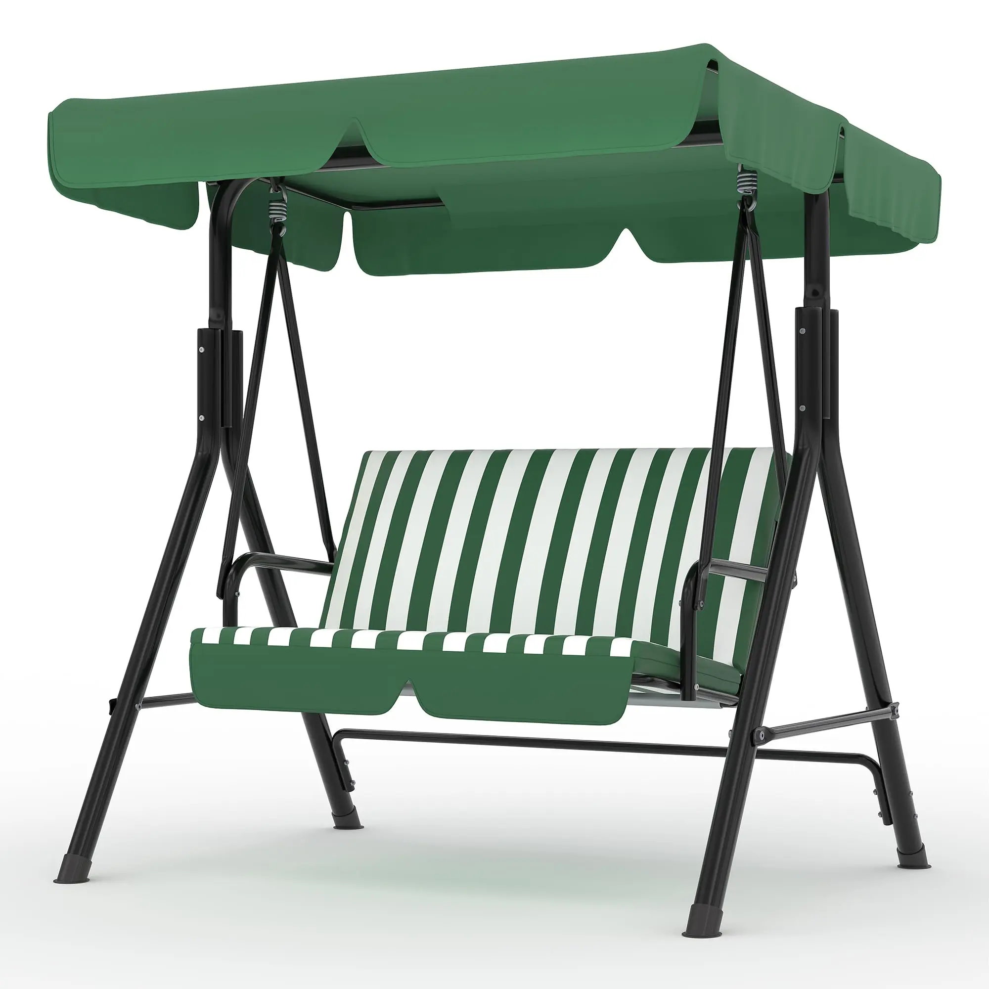 2-Seat Heavy Duty Outdoor Patio Swing Chair with Adjustable Canopy, Sturdy Metal Frame Porch Swing with Stand, Comfort Cushioned Swing Bench for Backyard Garden Poolside