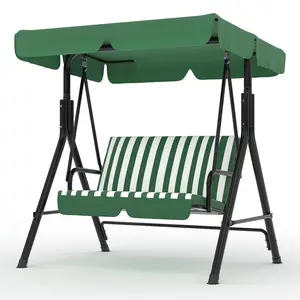 2-Seat Heavy Duty Outdoor Patio Swing Chair with Adjustable Canopy, Sturdy Metal Frame Porch Swing with Stand, Comfort Cushioned Swing Bench for Backyard Garden Poolside