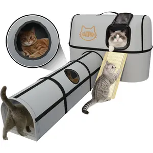 Pet 4-in-1 Cat Tunnel, Carrier, House & Scratcher – Detachable and Combinable – Indoor Beds, Outdoor Use, Cat Toys & Furniture (Gray)