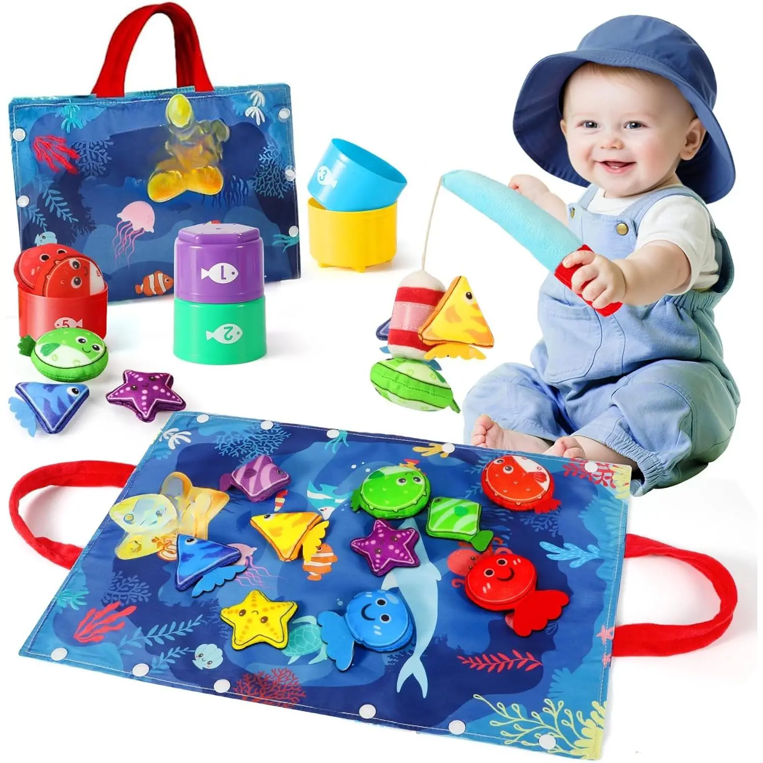 Montessori Toys  1 Year Old Boy Girl Birthday Gift, 17 in 1 Cloth Fishing Game with Stacking Cups, Color Sorting, Shape Matching, Early Learning, Toddler Toys Gifts  1 2 Years Old Boy Girl New model