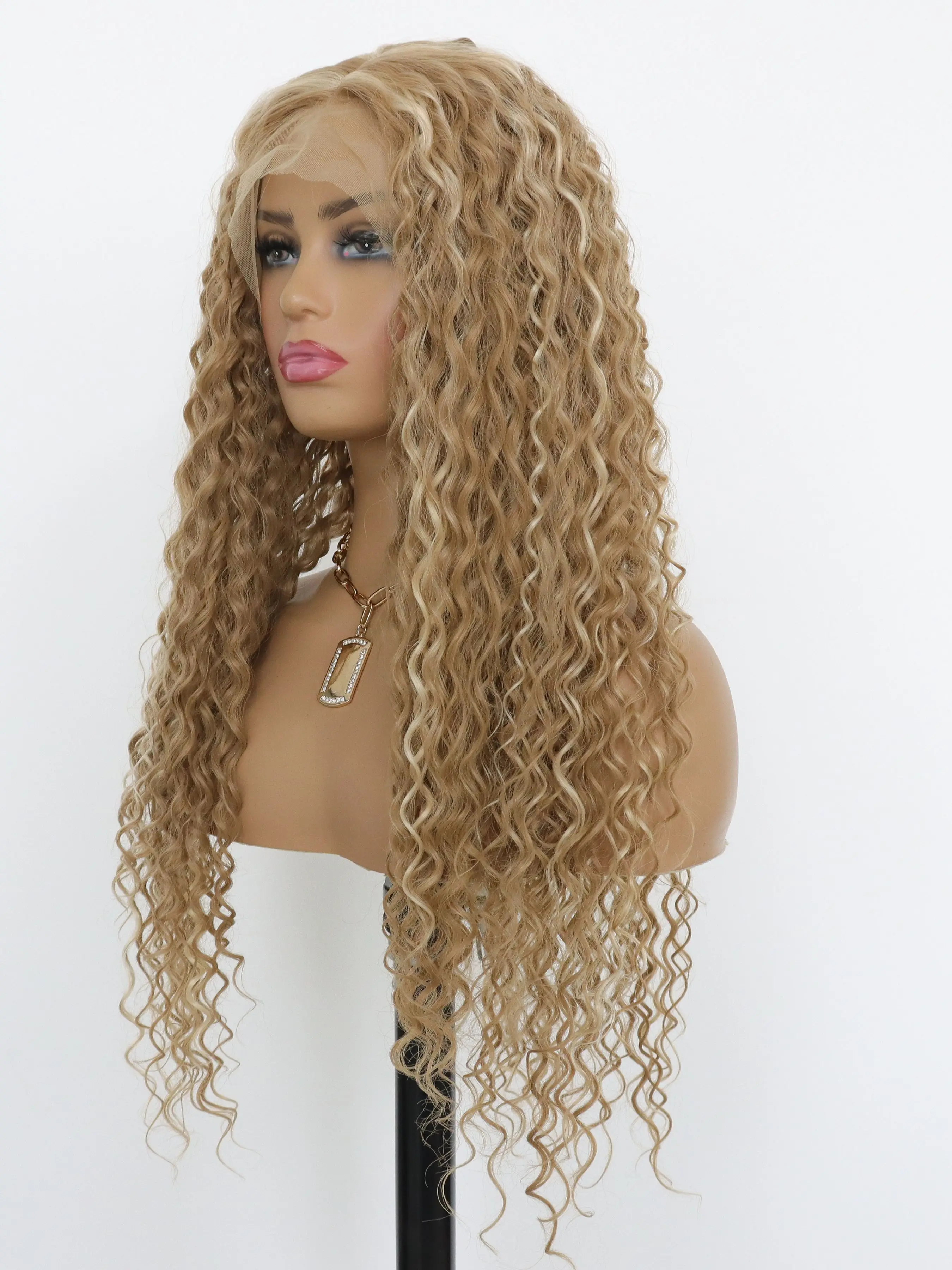 Honey Blonde Mixed Platinum Blonde Highlight Spiral Curly Wig 13x4 Lace Front Free Parting HD Transparent Lace Frontal Straight Wig Pre Plucked Natural Hairline Heat Resistant Synthetic Fiber for Women Daily Wear 28 Inch